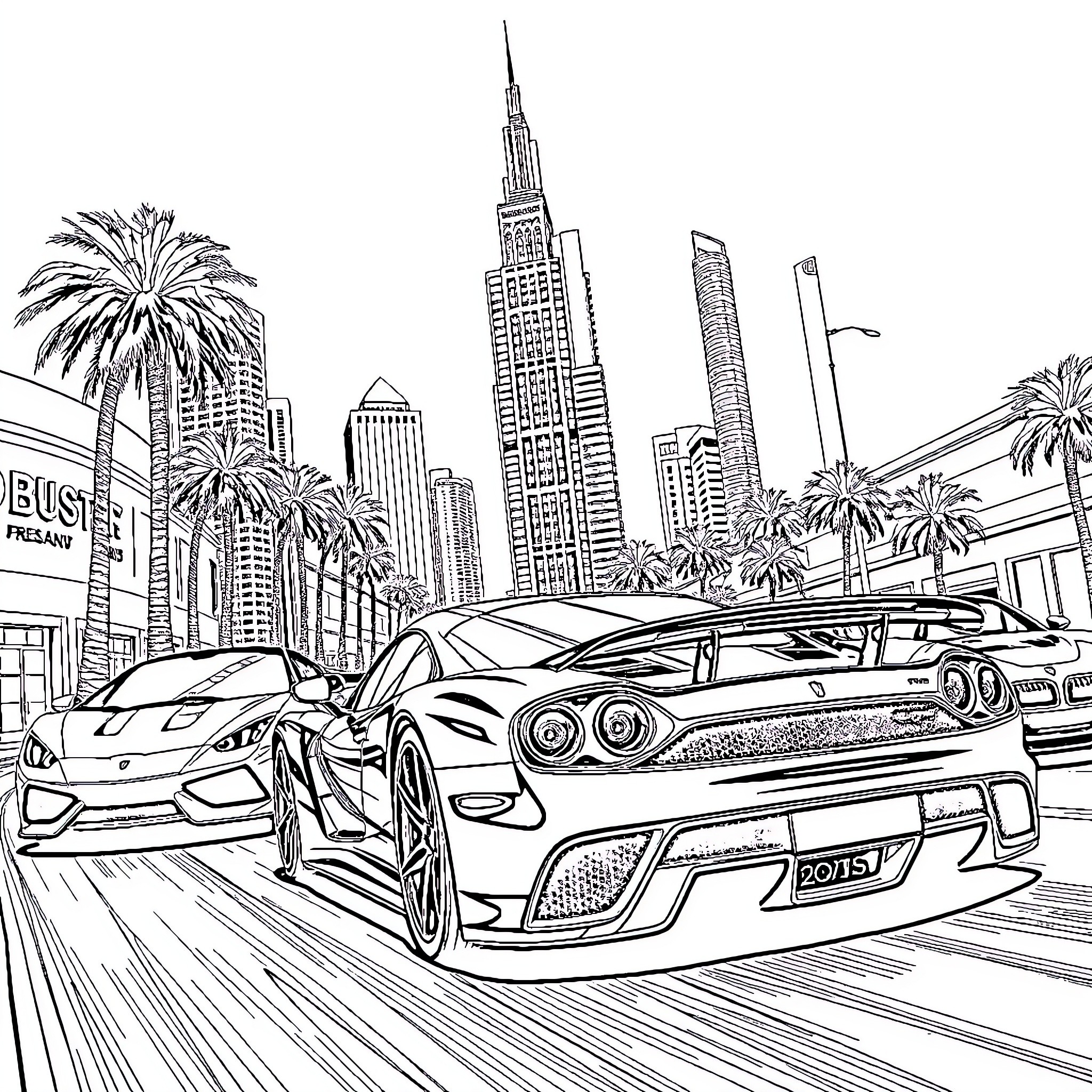 Sport Car Racing on City Streets Coloring Page (free black-and-white line drawing printable PDF for all, from beginners to advanced learners, including children, teens, adults, and seniors)