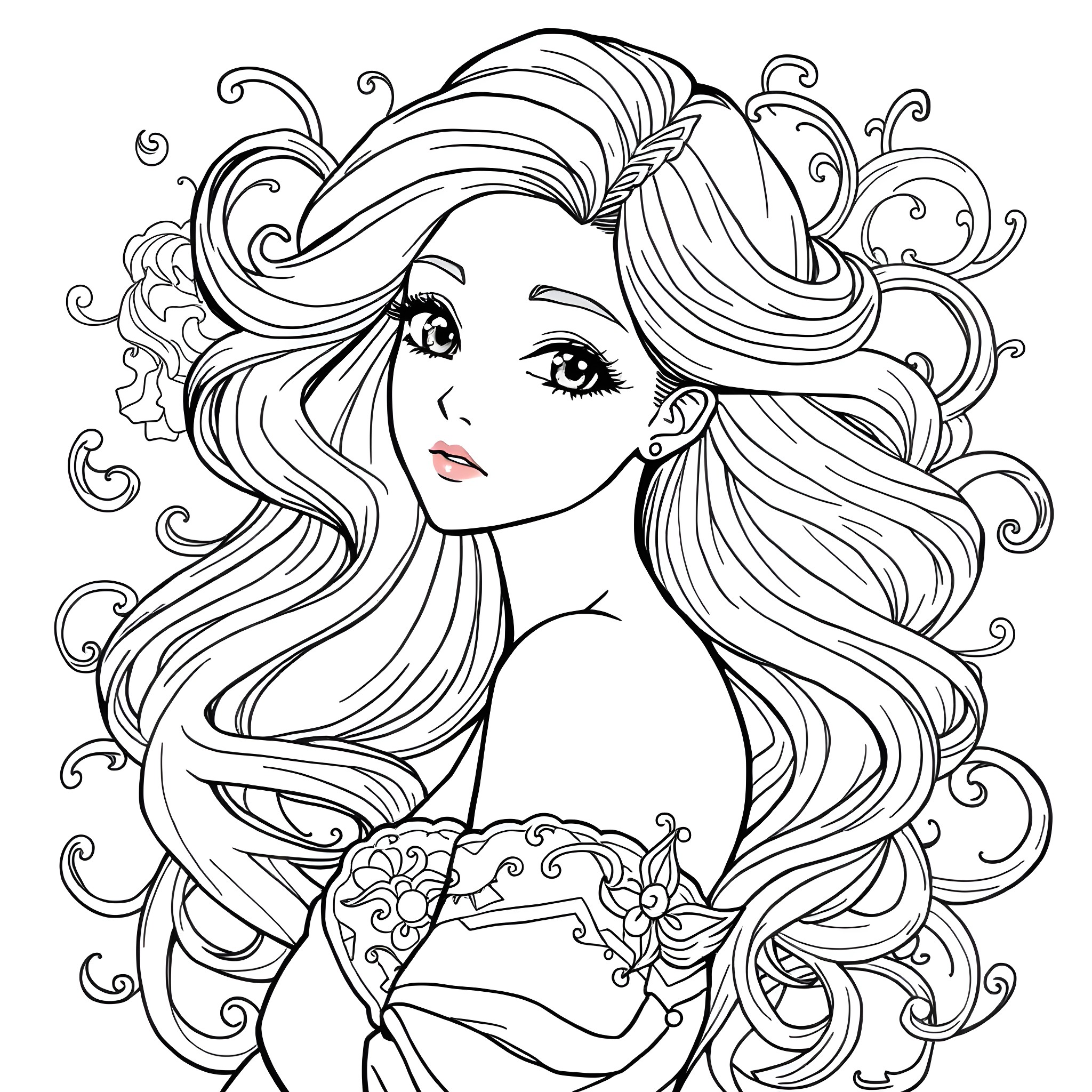 Anime Lady with Ornate Hairstyle and Floral Motifs Coloring Page (free black-and-white line drawing printable PDF for all, from beginners to advanced learners, including children, teens, adults, and seniors)