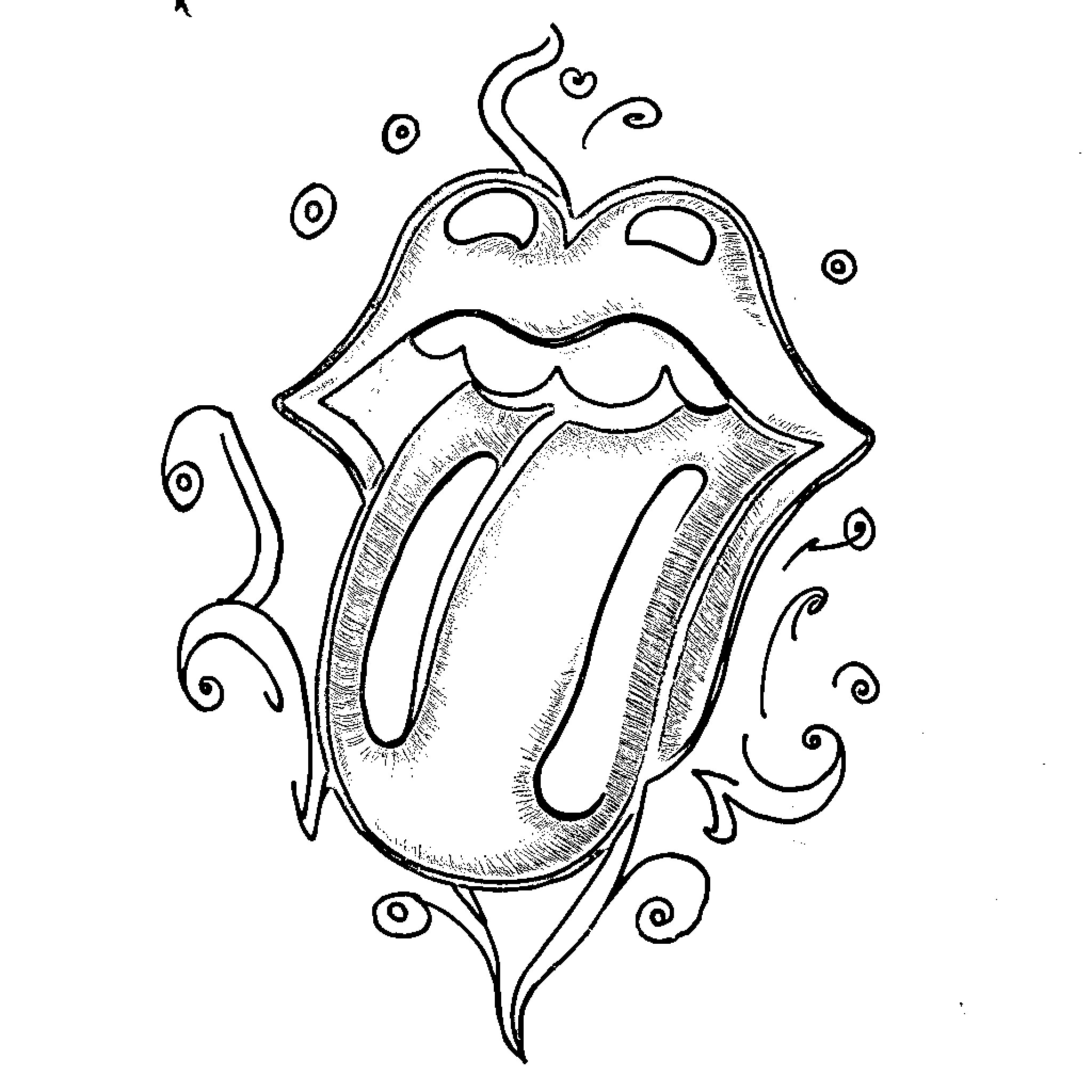 Rolling Stones Performing Iconic Lip Symbol Coloring Page (free black-and-white line drawing printable PDF for all, from beginners to advanced learners, including children, teens, adults, and seniors)