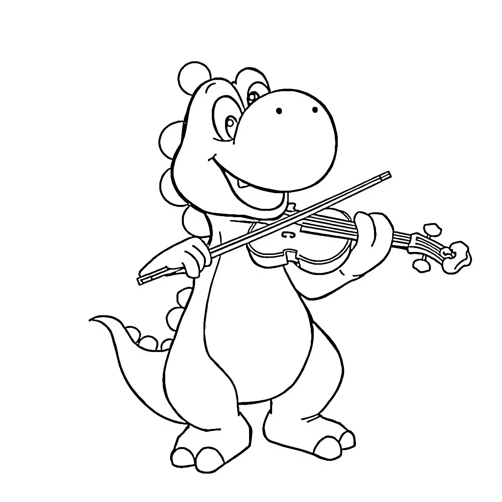 Yoshi playing violin with a cheerful expression Coloring Page (free black-and-white line drawing printable PDF for all, from beginners to advanced learners, including children, teens, adults, and seniors)