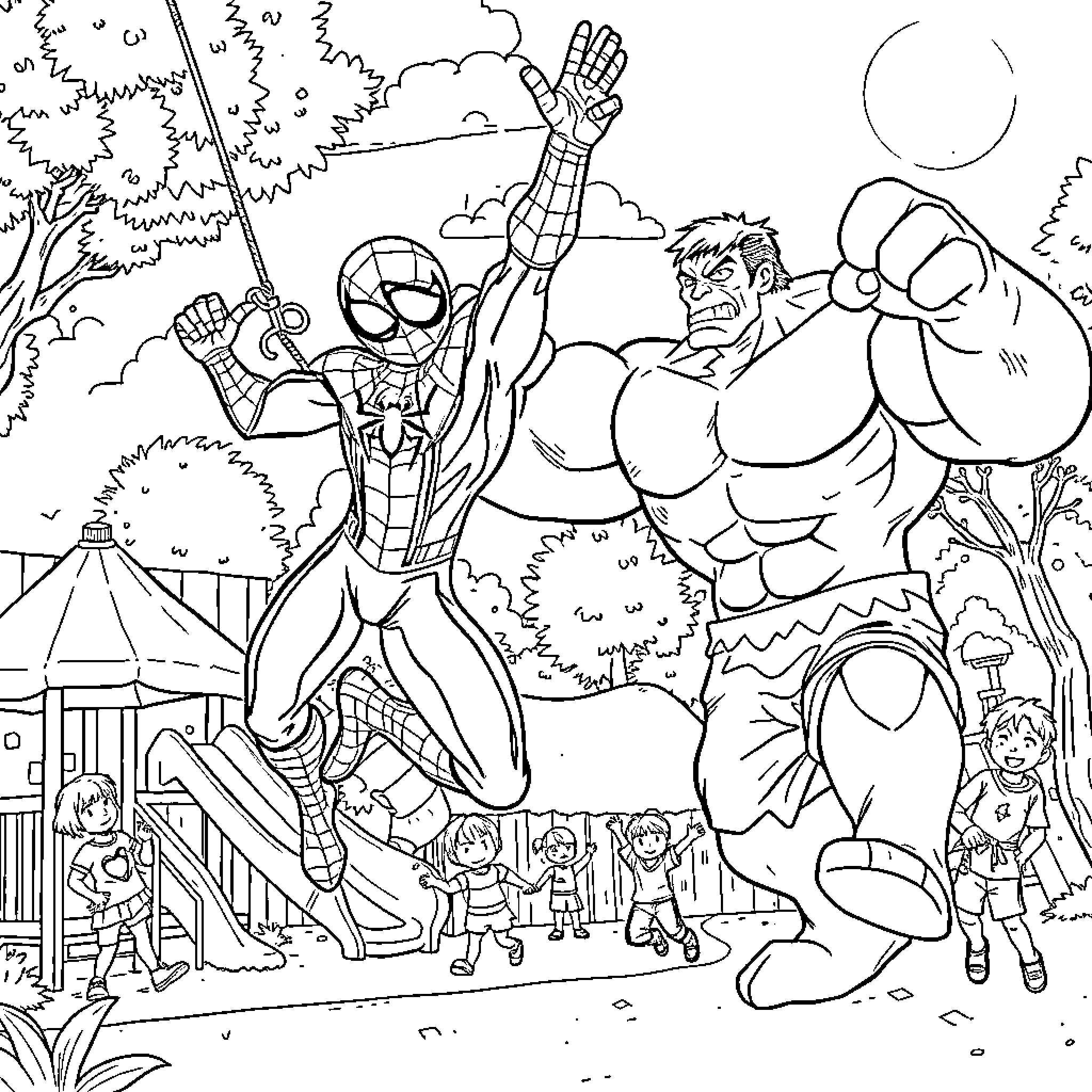 Spider-Man battles the Hulk in a park with children Coloring Page (free black-and-white line drawing printable PDF for all, from beginners to advanced learners, including children, teens, adults, and seniors)