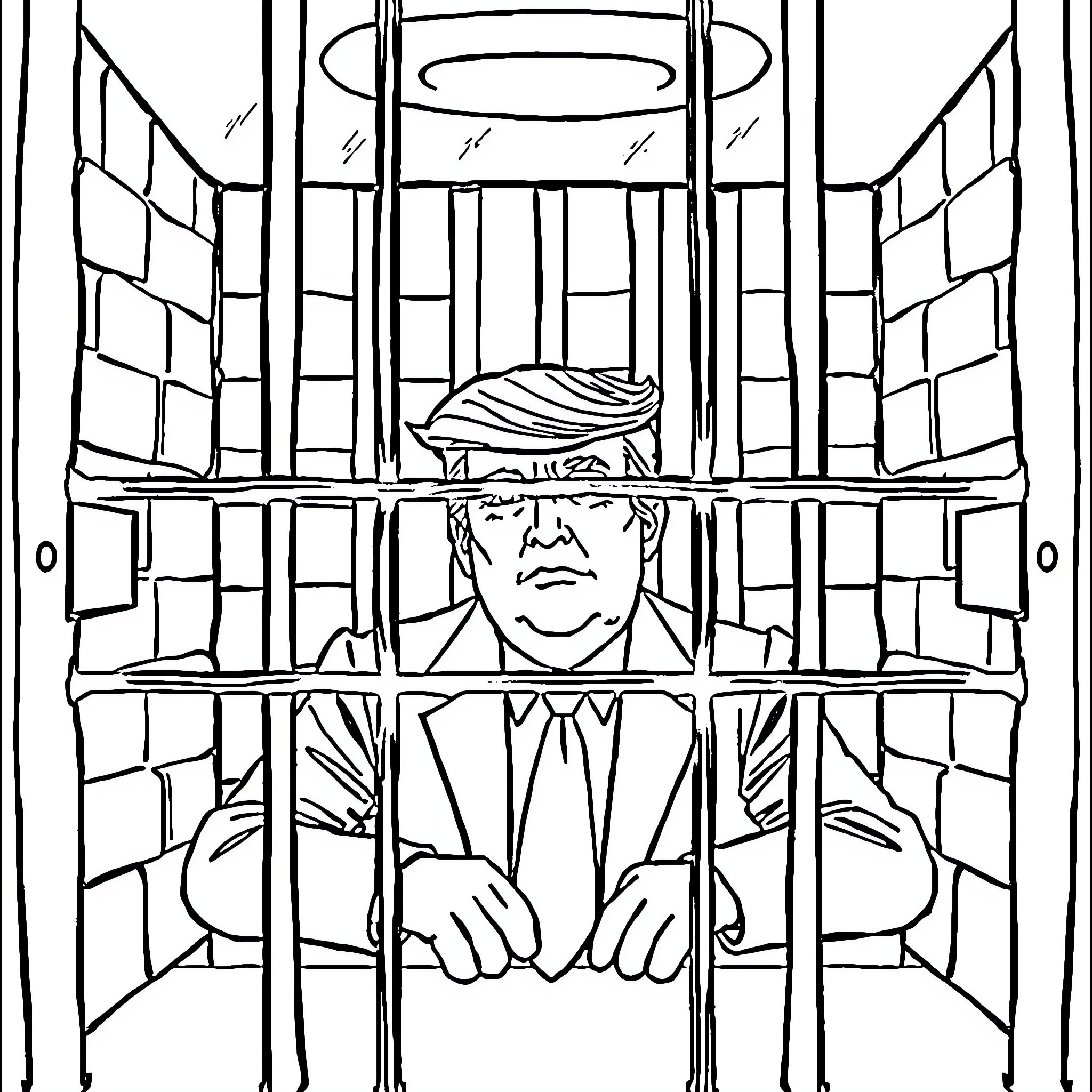Donald Trump in Prison Coloring Page (free black-and-white line drawing printable PDF for all, from beginners to advanced learners, including children, teens, adults, and seniors)