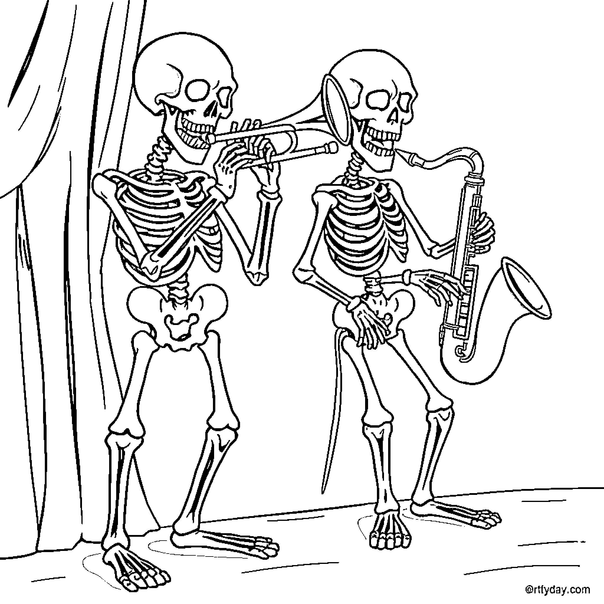 Skeleton musicians performing on stage Coloring Page (free black-and-white line drawing printable PDF for all, from beginners to advanced learners, including children, teens, adults, and seniors)