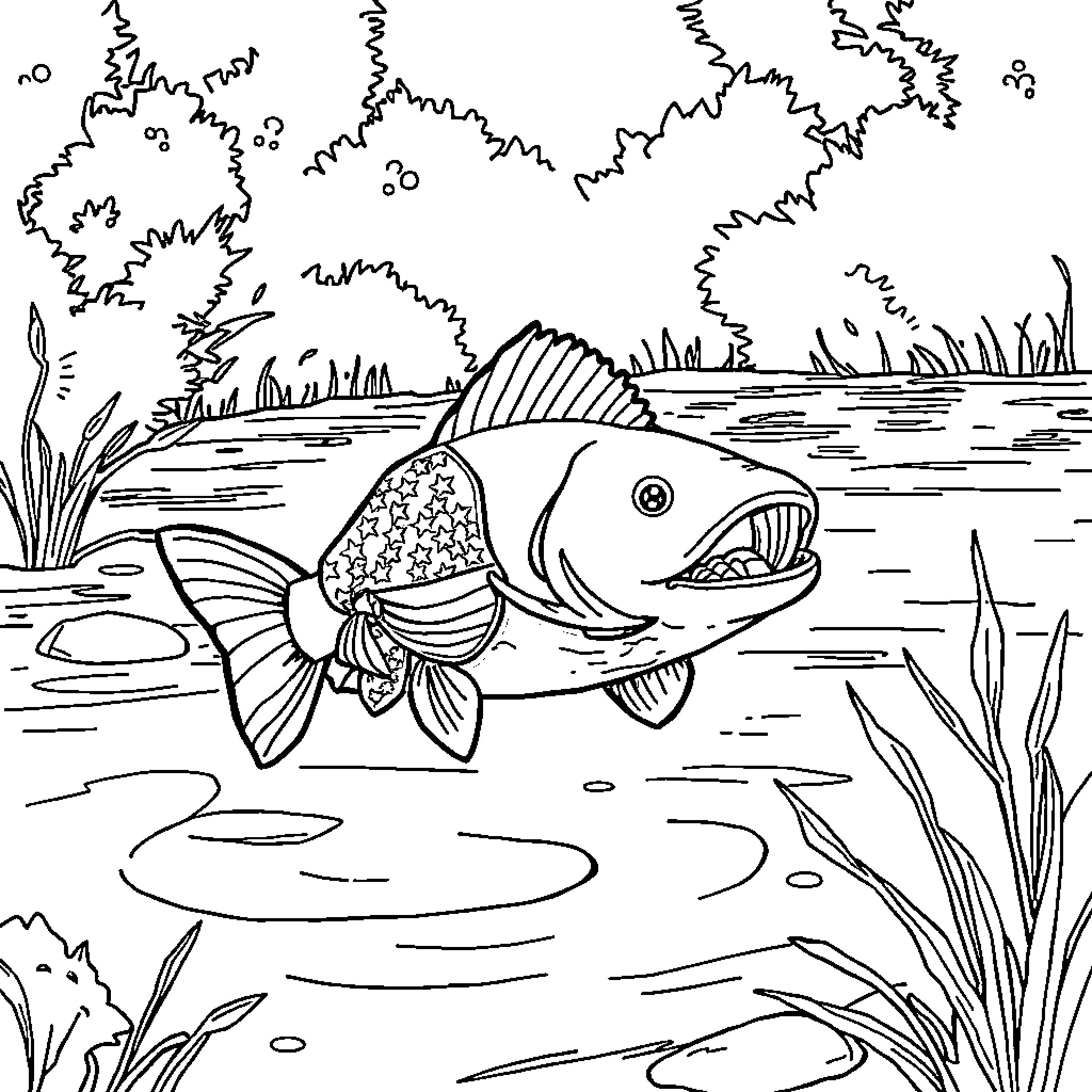 Catfish swimming peacefully in the pond Coloring Page (free black-and-white line drawing printable PDF for all, from beginners to advanced learners, including children, teens, adults, and seniors)
