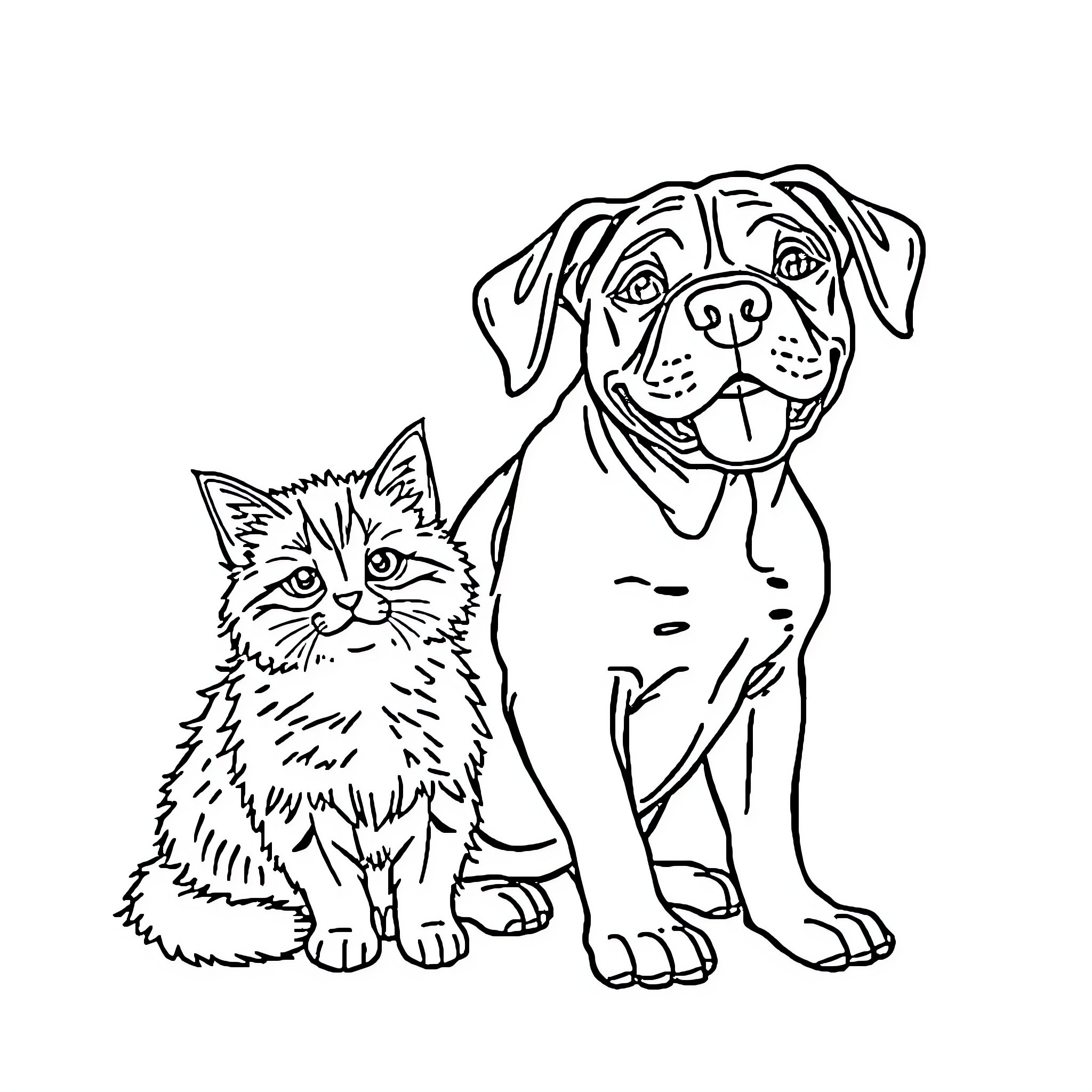 Pitbull and Kitten Sitting Together Coloring Page (free black-and-white line drawing printable PDF for all, from beginners to advanced learners, including children, teens, adults, and seniors)