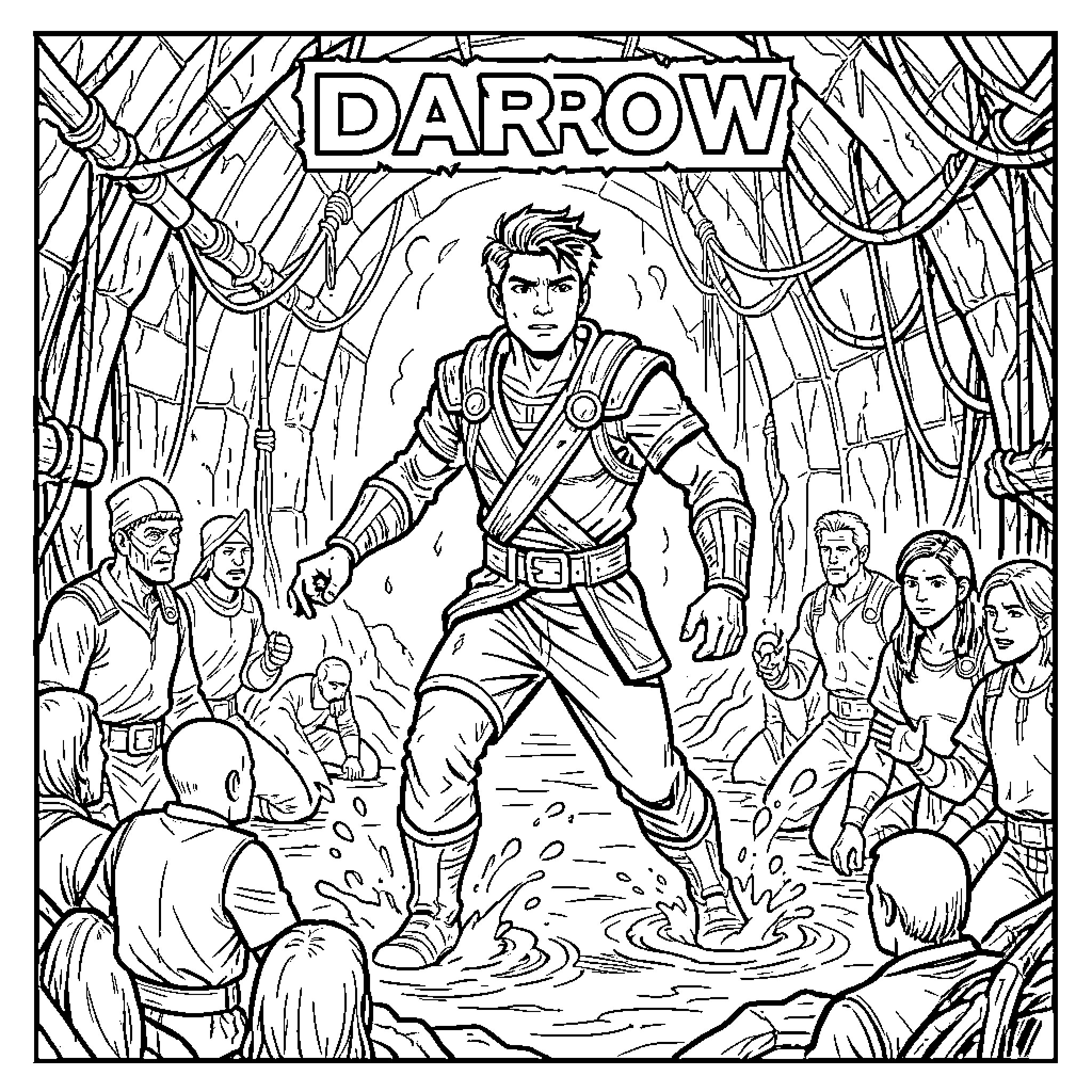 Red hero standing bravely amidst a group of people Coloring Page (free black-and-white line drawing printable PDF for all, from beginners to advanced learners, including children, teens, adults, and seniors)