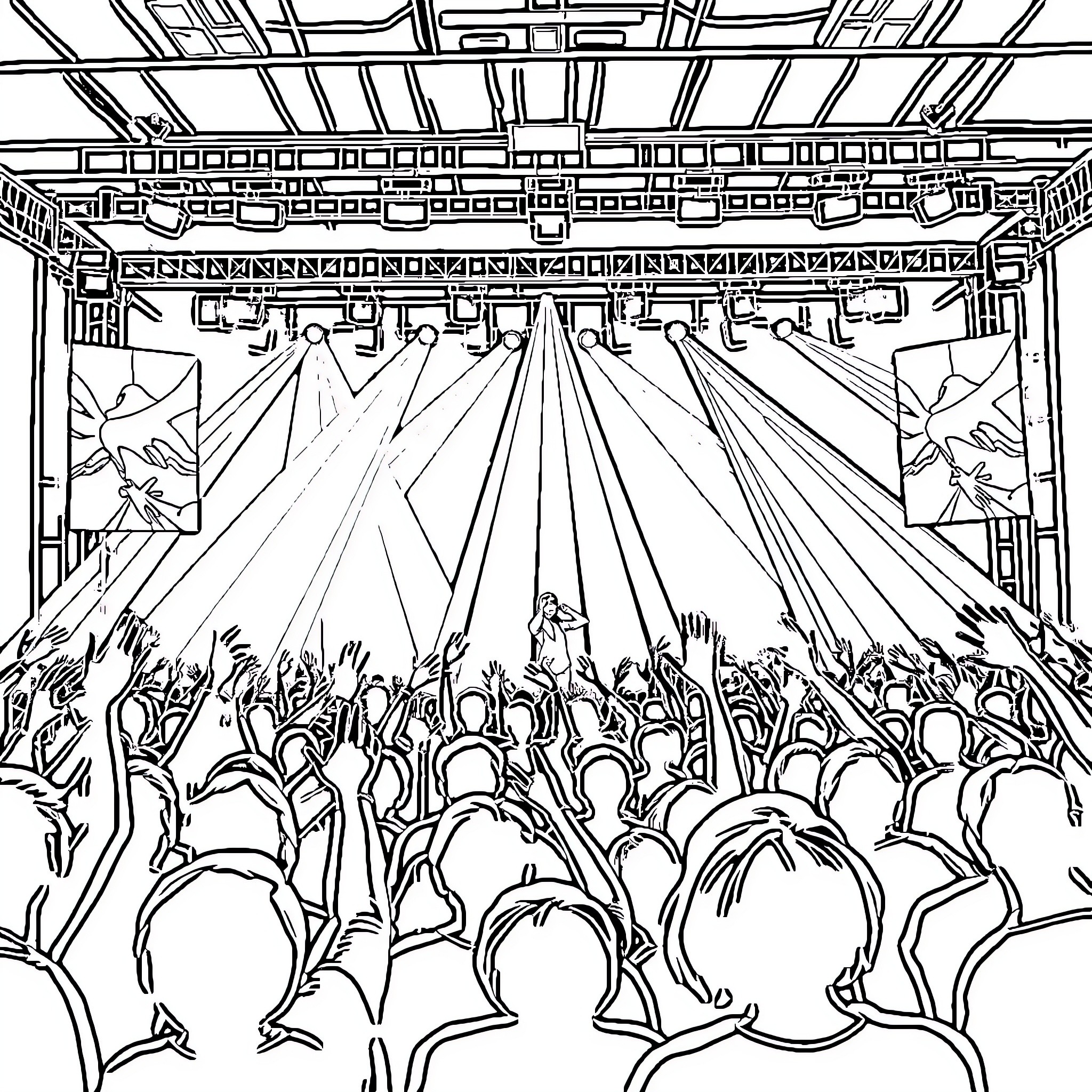 Kpop Concert Crowd Excitement and Spectacle Coloring Page (free black-and-white line drawing printable PDF for all, from beginners to advanced learners, including children, teens, adults, and seniors)