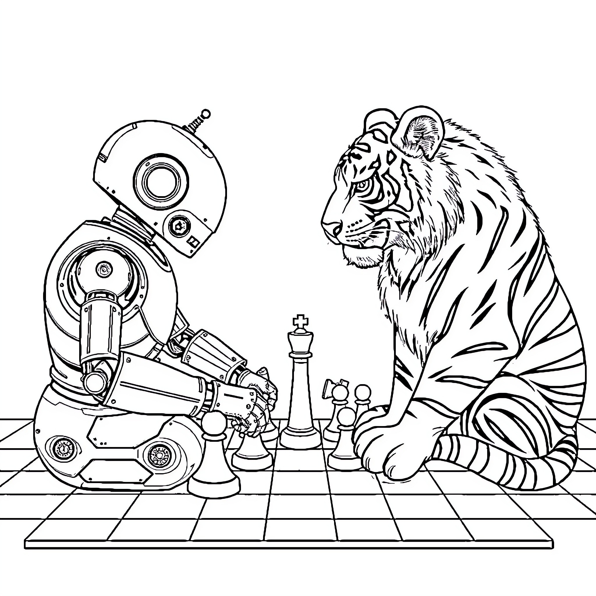 Robot and Tiger Playing Chess Coloring Page (free black-and-white line drawing printable PDF for all, from beginners to advanced learners, including children, teens, adults, and seniors)