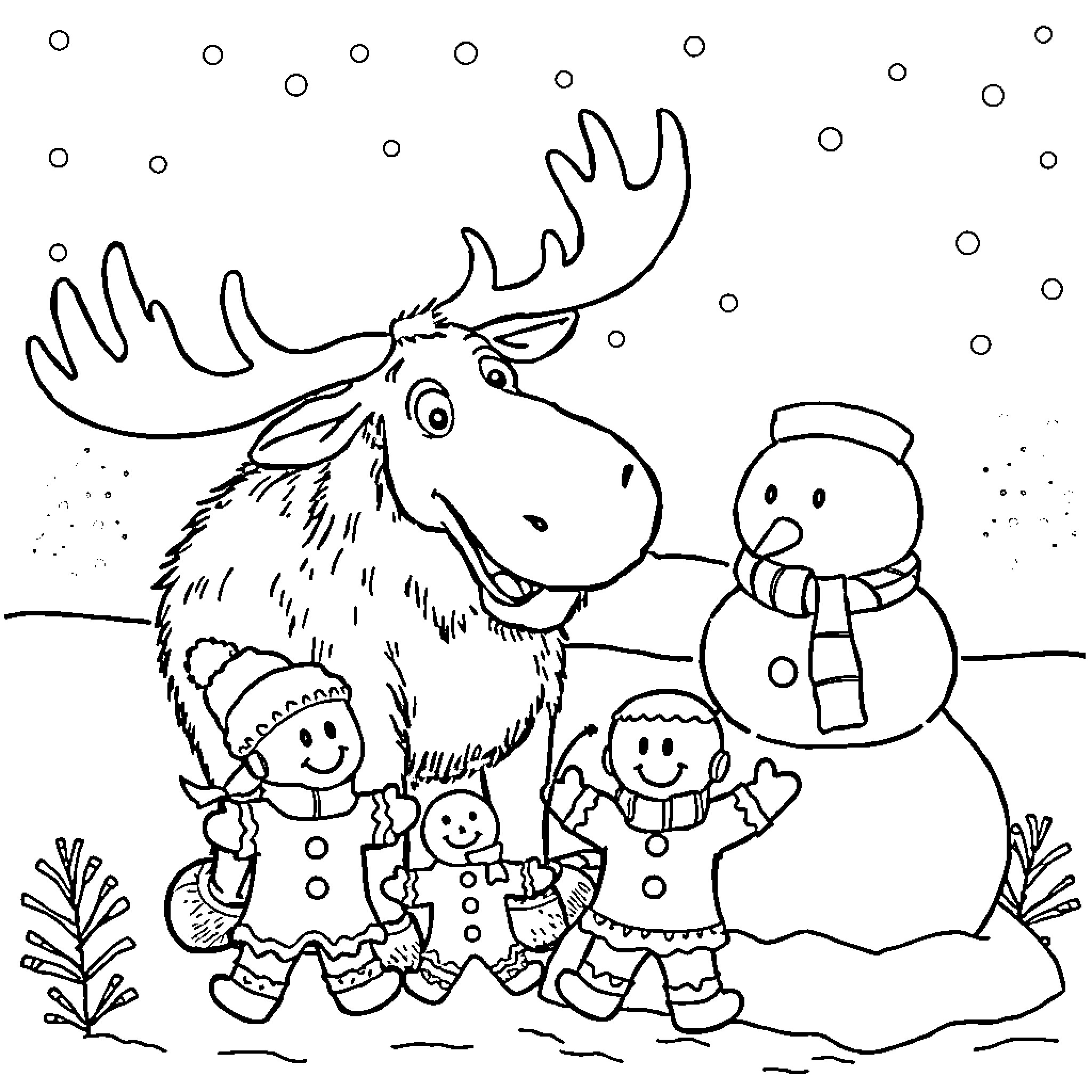 Moose and Gingerbread Family Enjoying Winter Wonderland Coloring Page (free black-and-white line drawing printable PDF for all, from beginners to advanced learners, including children, teens, adults, and seniors)