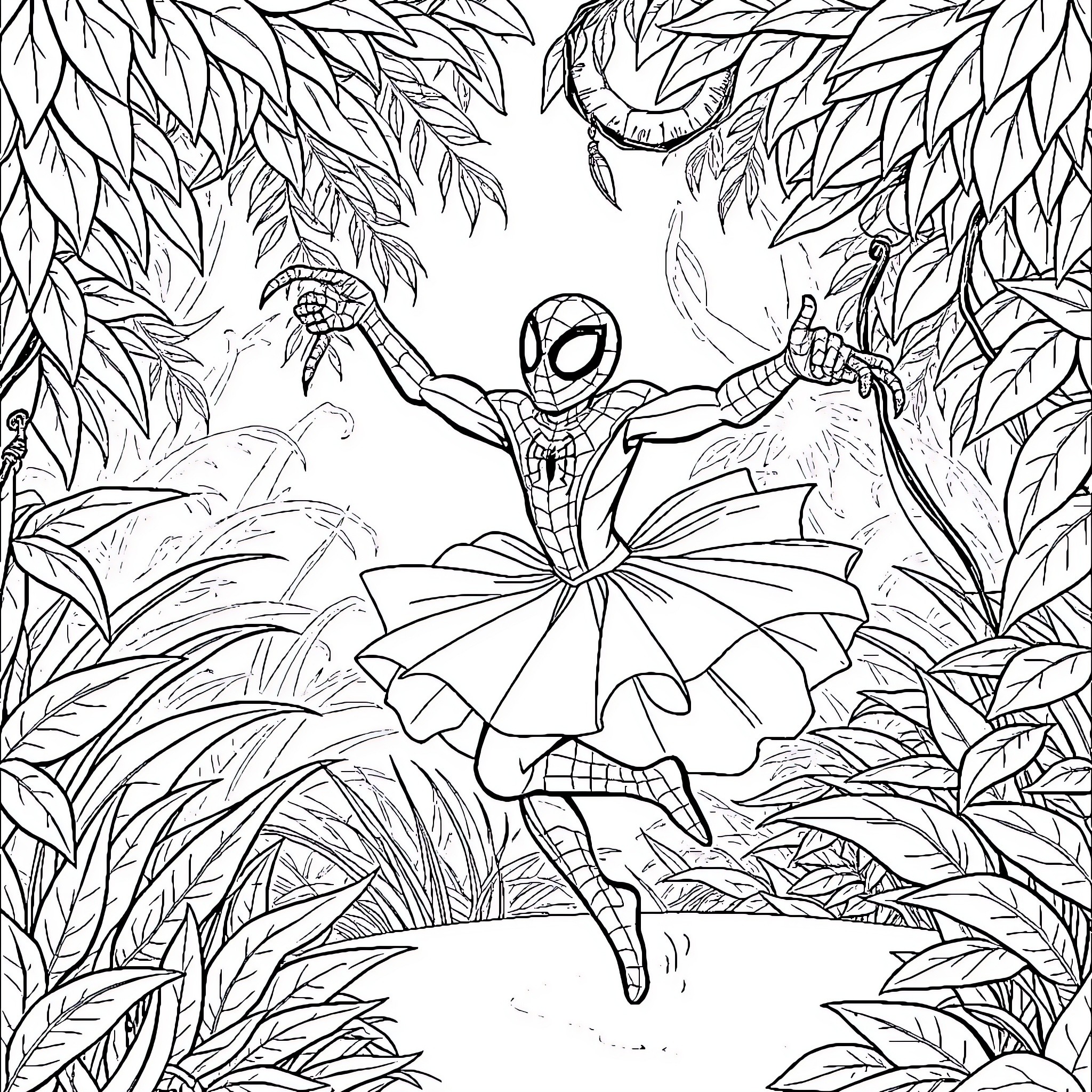Spider-Man dancing gracefully in the jungle Coloring Page (free black-and-white line drawing printable PDF for all, from beginners to advanced learners, including children, teens, adults, and seniors)