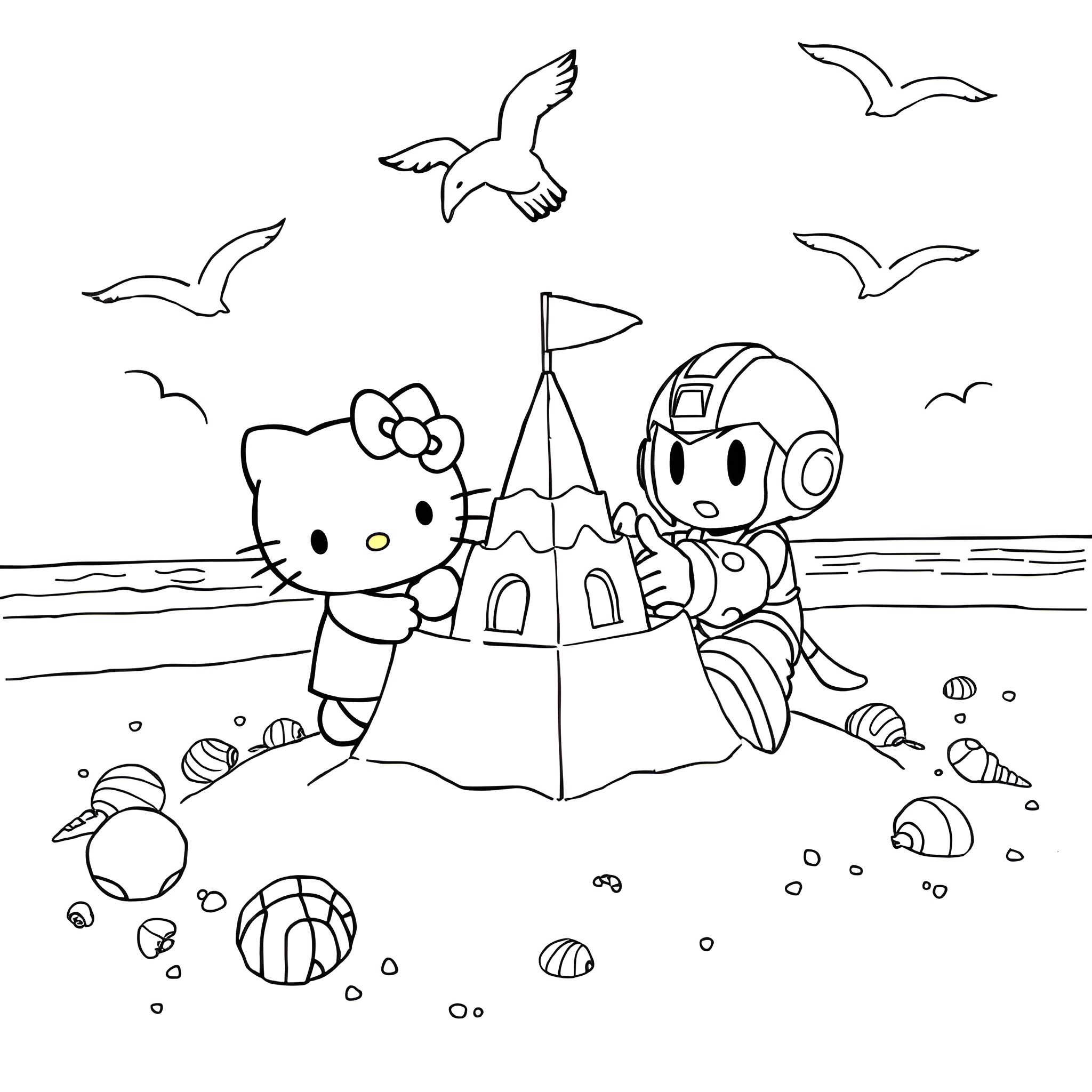 Hello Kitty and Robot Building a Sandcastle by the Beach Coloring Page (free black-and-white line drawing printable PDF for all, from beginners to advanced learners, including children, teens, adults, and seniors)