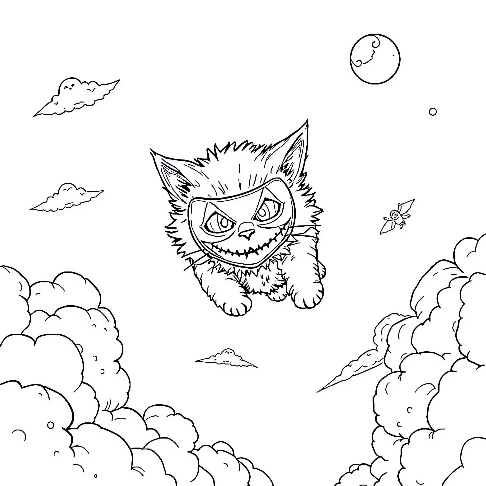 Cat in the Clouds Coloring Page (free black-and-white line drawing printable PDF for all, from beginners to advanced learners, including children, teens, adults, and seniors)