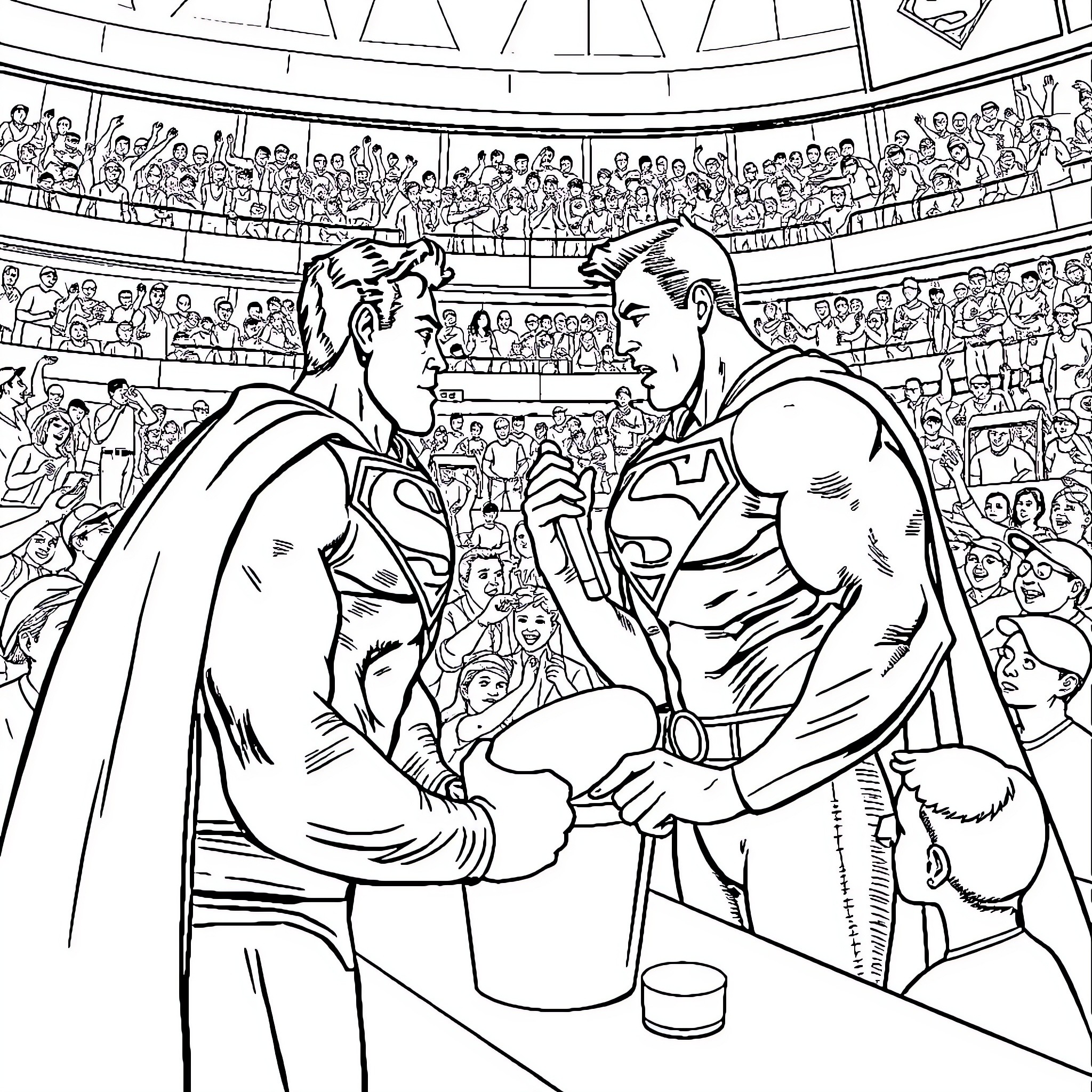 Superman and rival shaking hands in arena Coloring Page (free black-and-white line drawing printable PDF for all, from beginners to advanced learners, including children, teens, adults, and seniors)