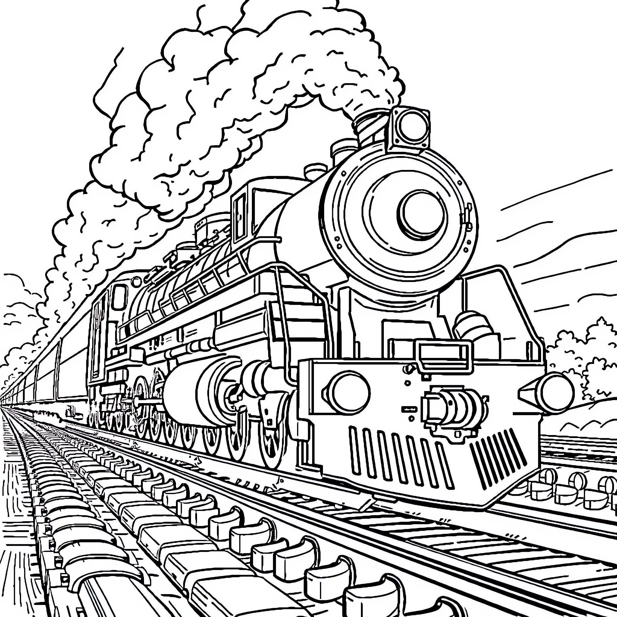 Freight Train Speeding Through Tracks Coloring Page (free black-and-white line drawing printable PDF for all, from beginners to advanced learners, including children, teens, adults, and seniors)