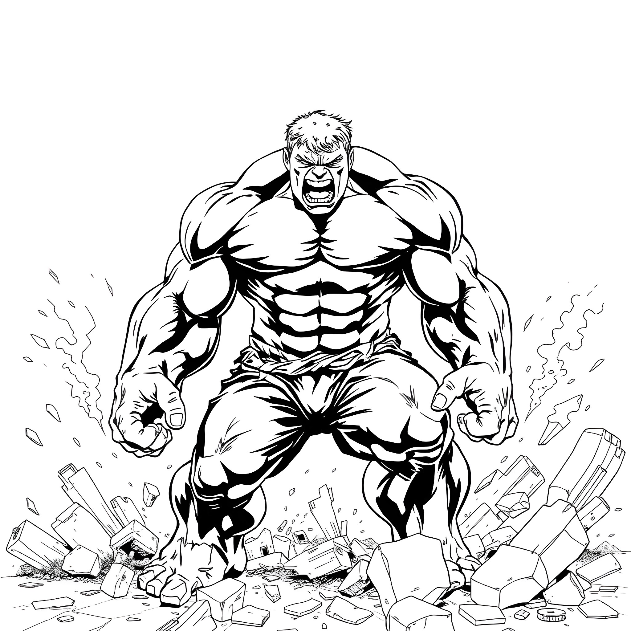 Hulk smashing through debris and obstacles Coloring Page (free black-and-white line drawing printable PDF for all, from beginners to advanced learners, including children, teens, adults, and seniors)