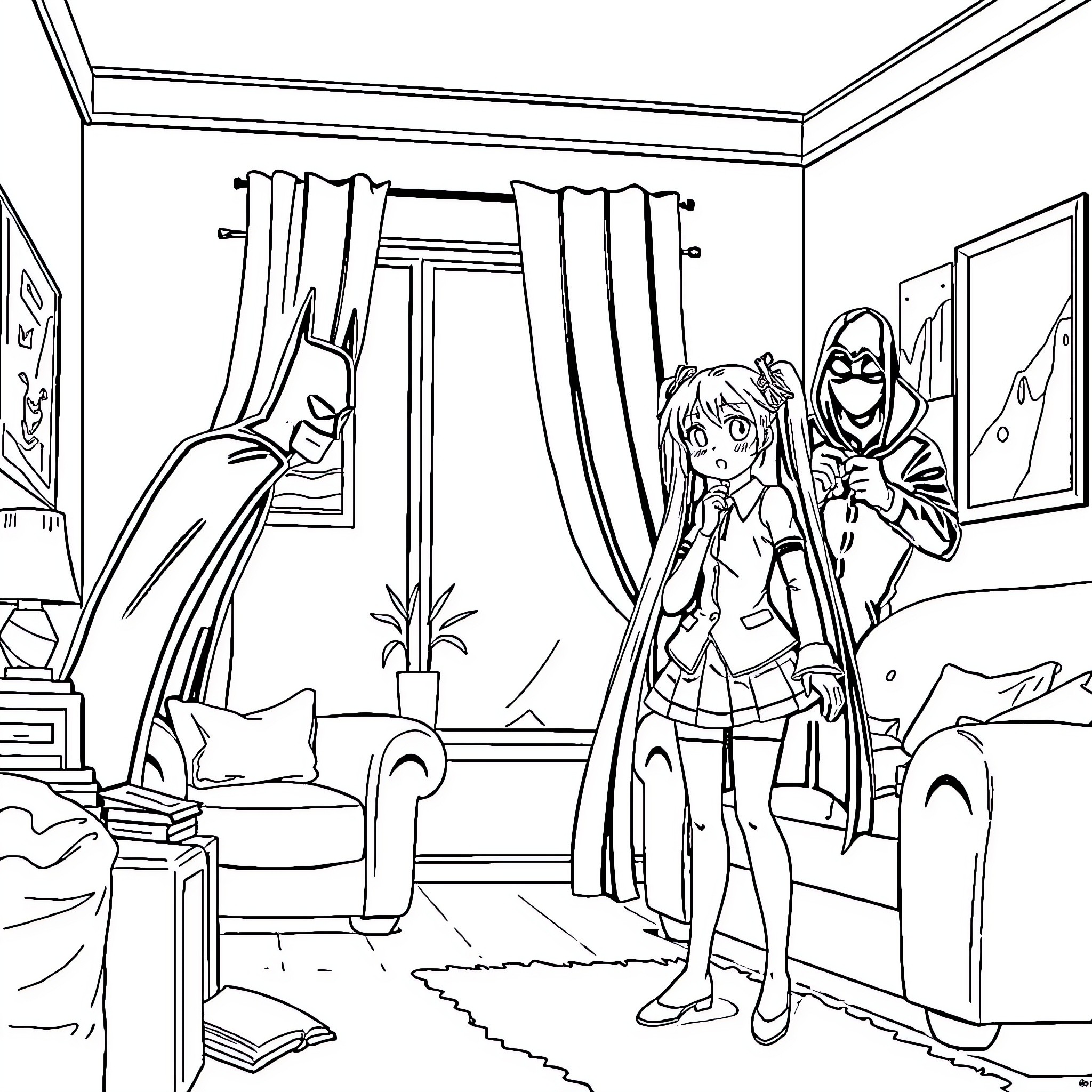 Miku enjoying time with her companion in a cozy room Coloring Page (free black-and-white line drawing printable PDF for all, from beginners to advanced learners, including children, teens, adults, and seniors)