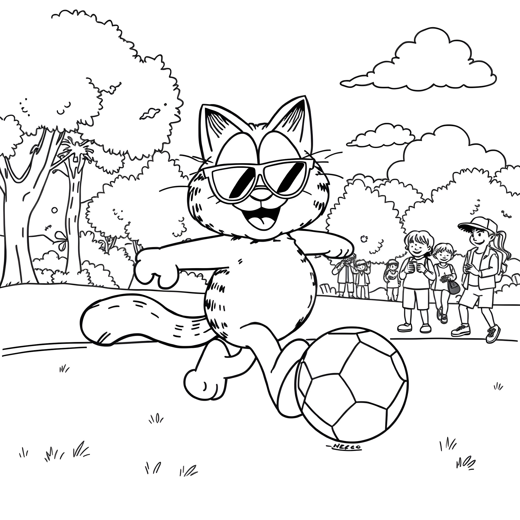 Garfield enjoying a sunny day at the park Coloring Page (free black-and-white line drawing printable PDF for all, from beginners to advanced learners, including children, teens, adults, and seniors)