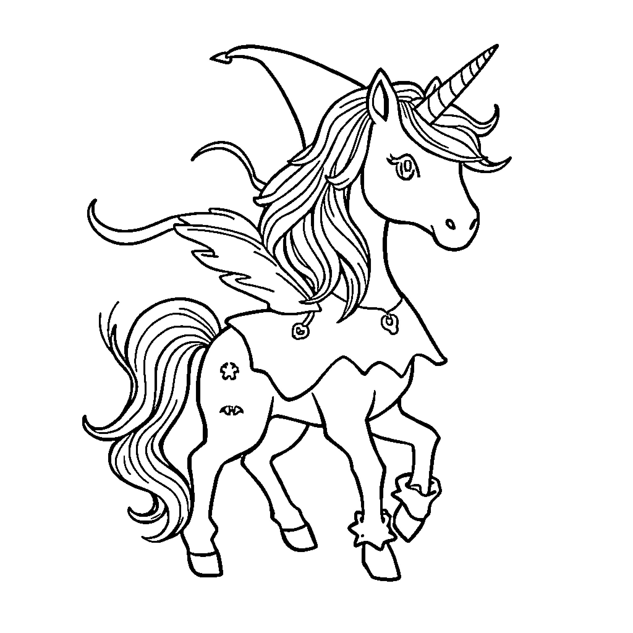 Unicorn soaring majestically through the skies Coloring Page (free black-and-white line drawing printable PDF for all, from beginners to advanced learners, including children, teens, adults, and seniors)