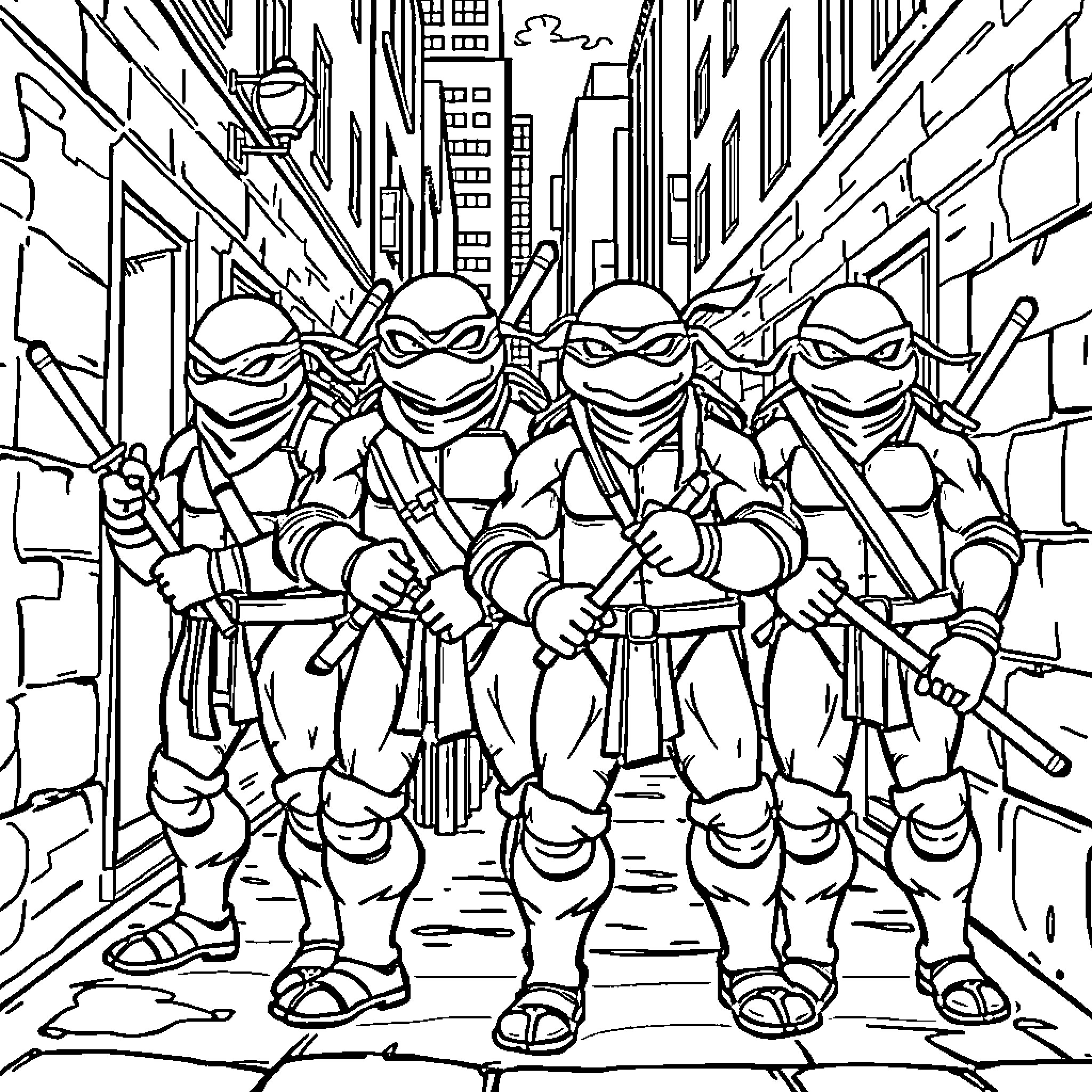 Ninja Turtles on the move in a dark alley Coloring Page (free black-and-white line drawing printable PDF for all, from beginners to advanced learners, including children, teens, adults, and seniors)