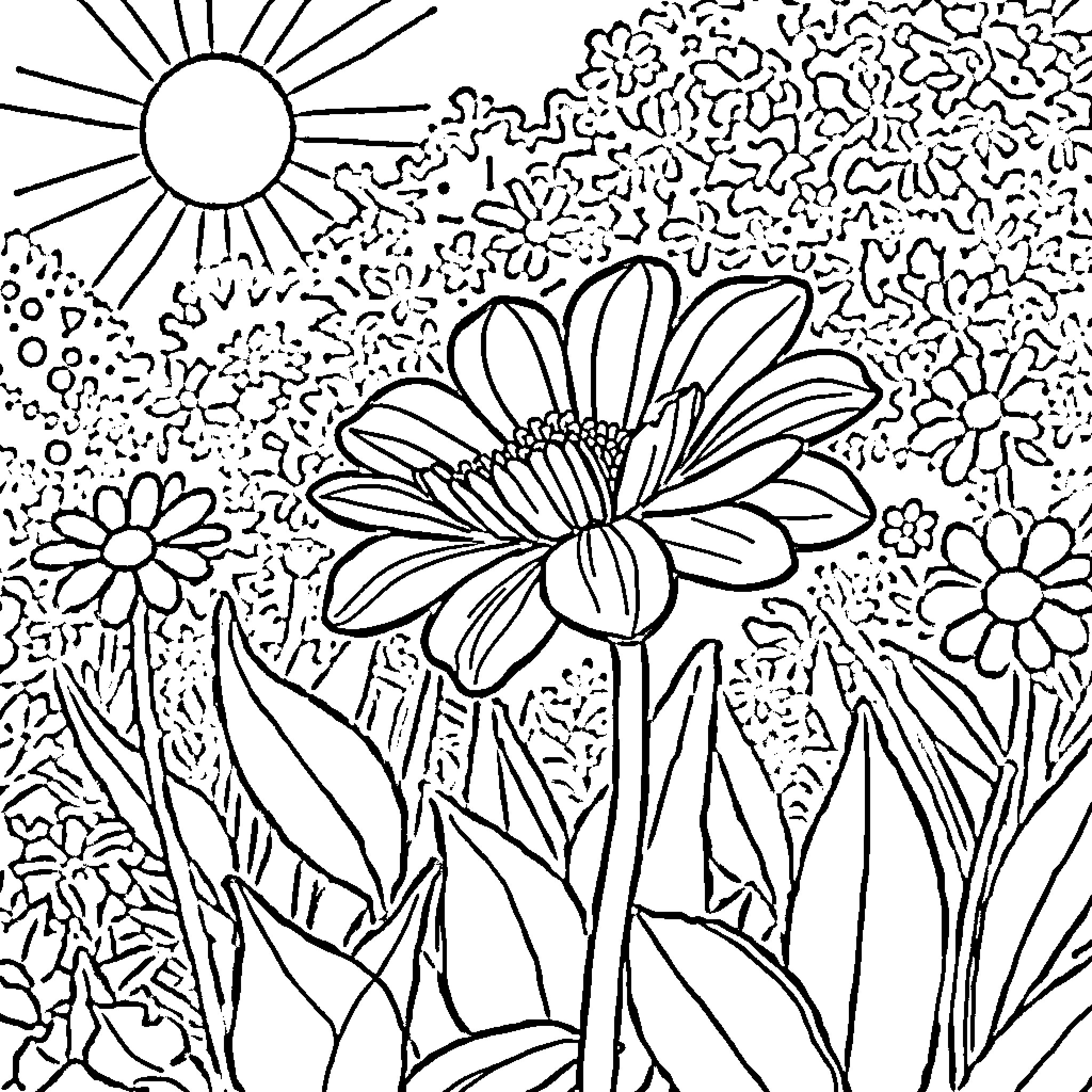 Flower scene with sun and garden plants Coloring Page (free black-and-white line drawing printable PDF for all, from beginners to advanced learners, including children, teens, adults, and seniors)