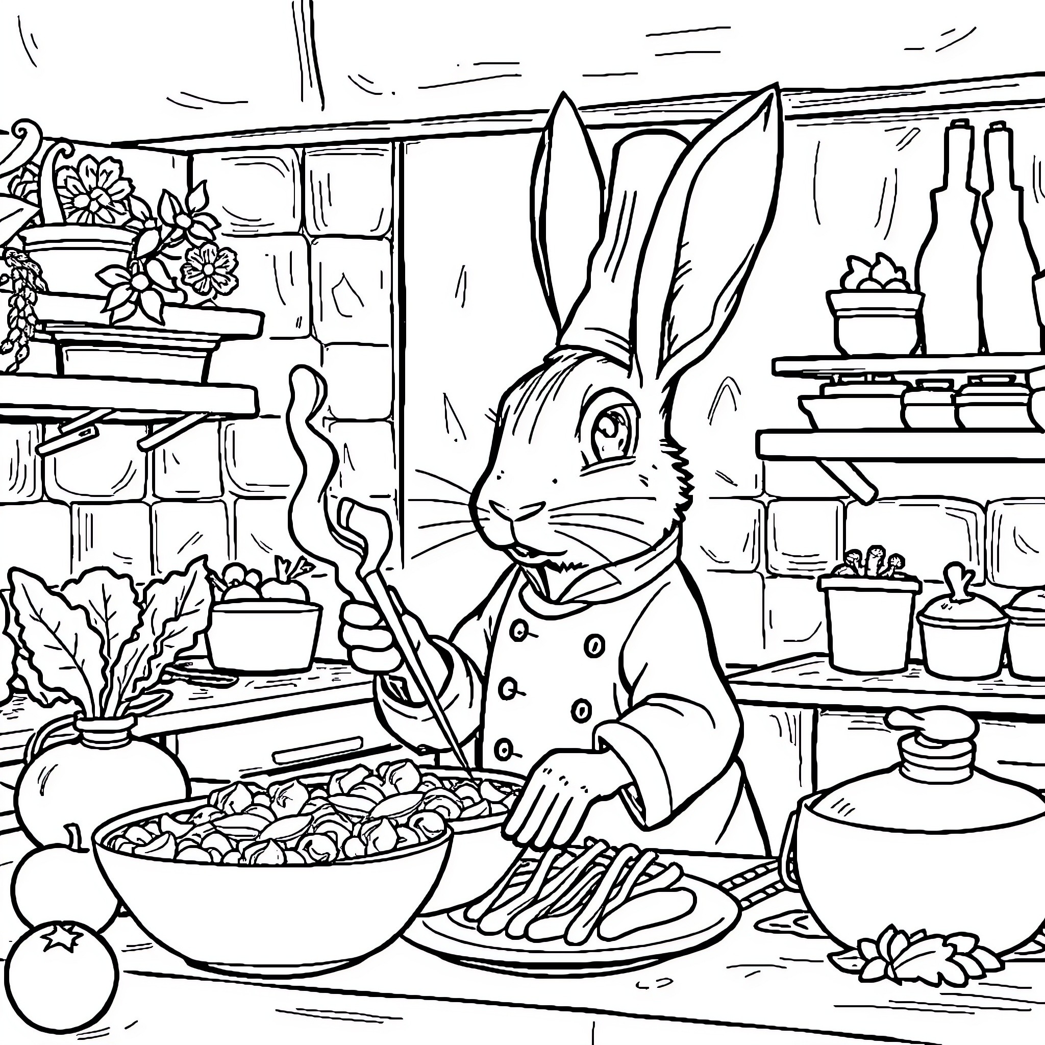 Rabbit cooking a delicious meal in the kitchen Coloring Page (free black-and-white line drawing printable PDF for all, from beginners to advanced learners, including children, teens, adults, and seniors)