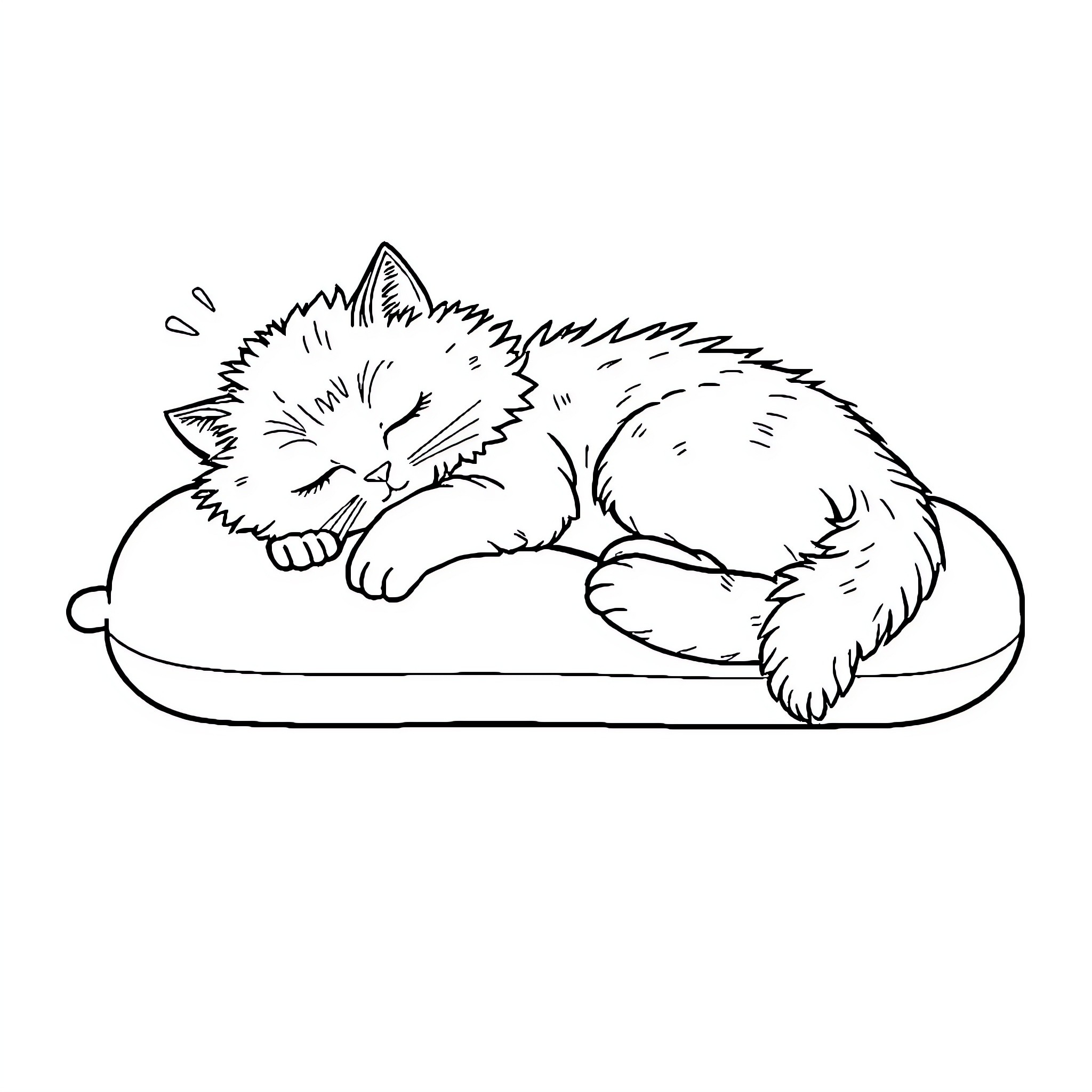 Cat sleeping peacefully on a cushion Coloring Page (free black-and-white line drawing printable PDF for all, from beginners to advanced learners, including children, teens, adults, and seniors)