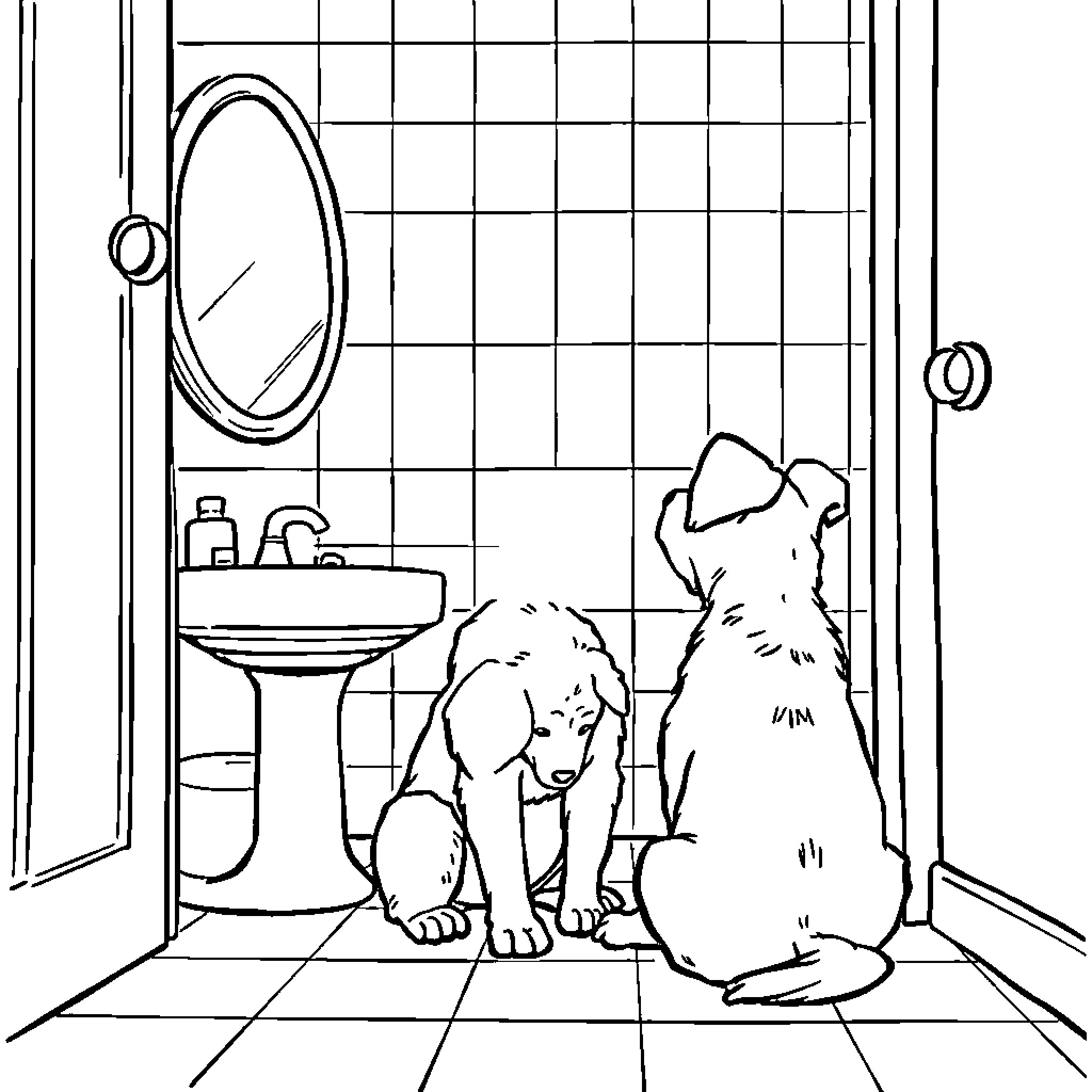 Dog enjoying a day at the bathroom Coloring Page (free black-and-white line drawing printable PDF for all, from beginners to advanced learners, including children, teens, adults, and seniors)