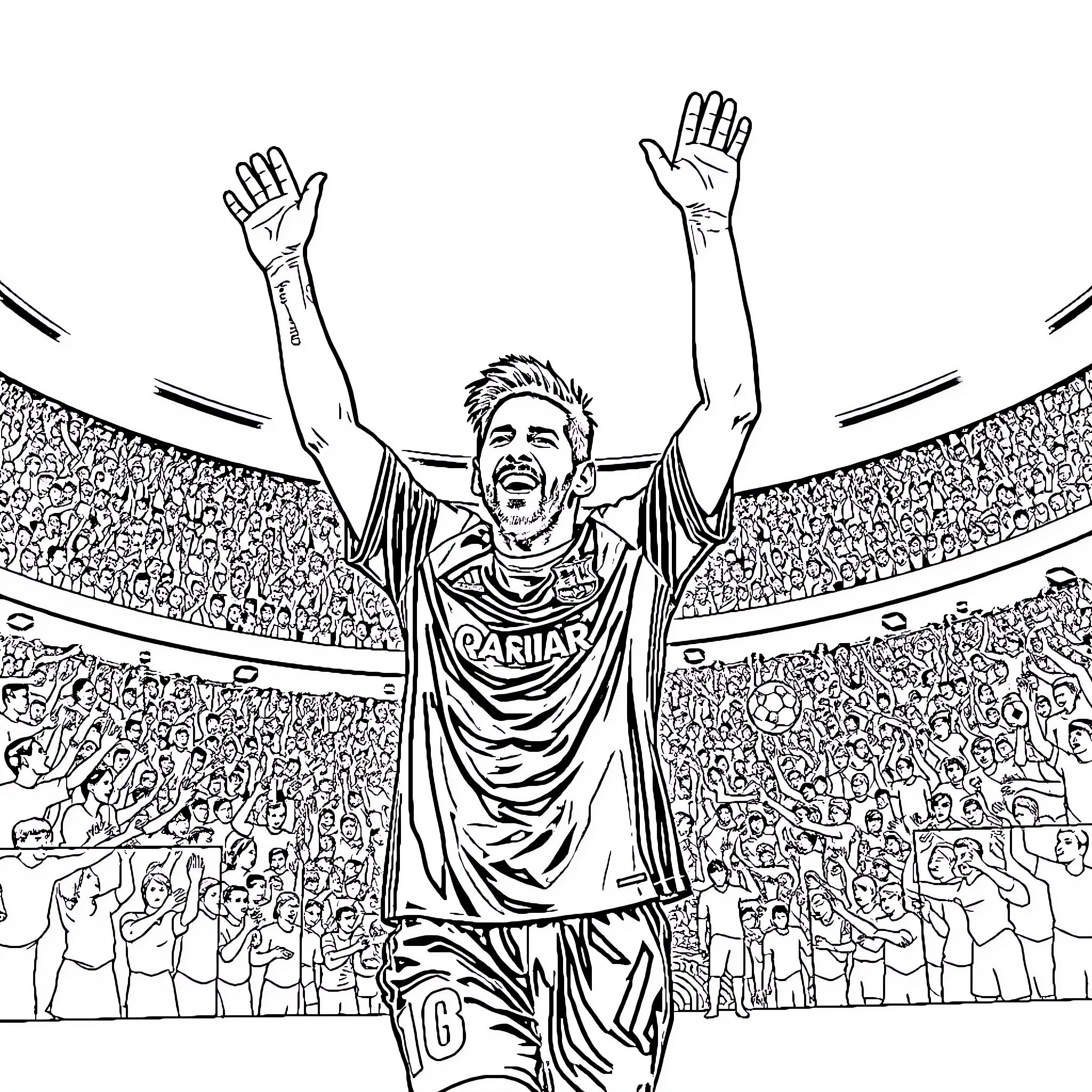 Leo Messi celebrating victory with fans in stadium Coloring Page (free black-and-white line drawing printable PDF for all, from beginners to advanced learners, including children, teens, adults, and seniors)