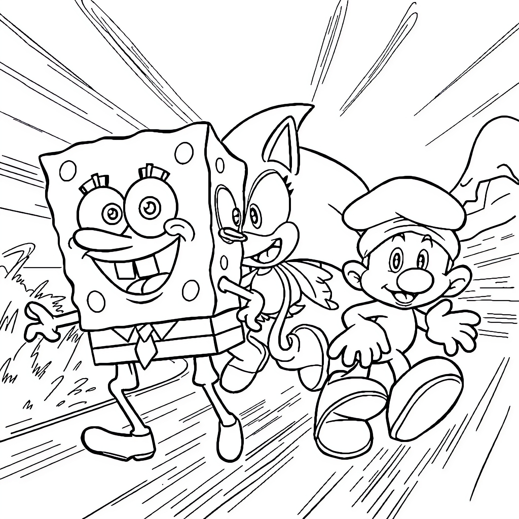 Spongebob and friends in an energetic scene Coloring Page (free black-and-white line drawing printable PDF for all, from beginners to advanced learners, including children, teens, adults, and seniors)