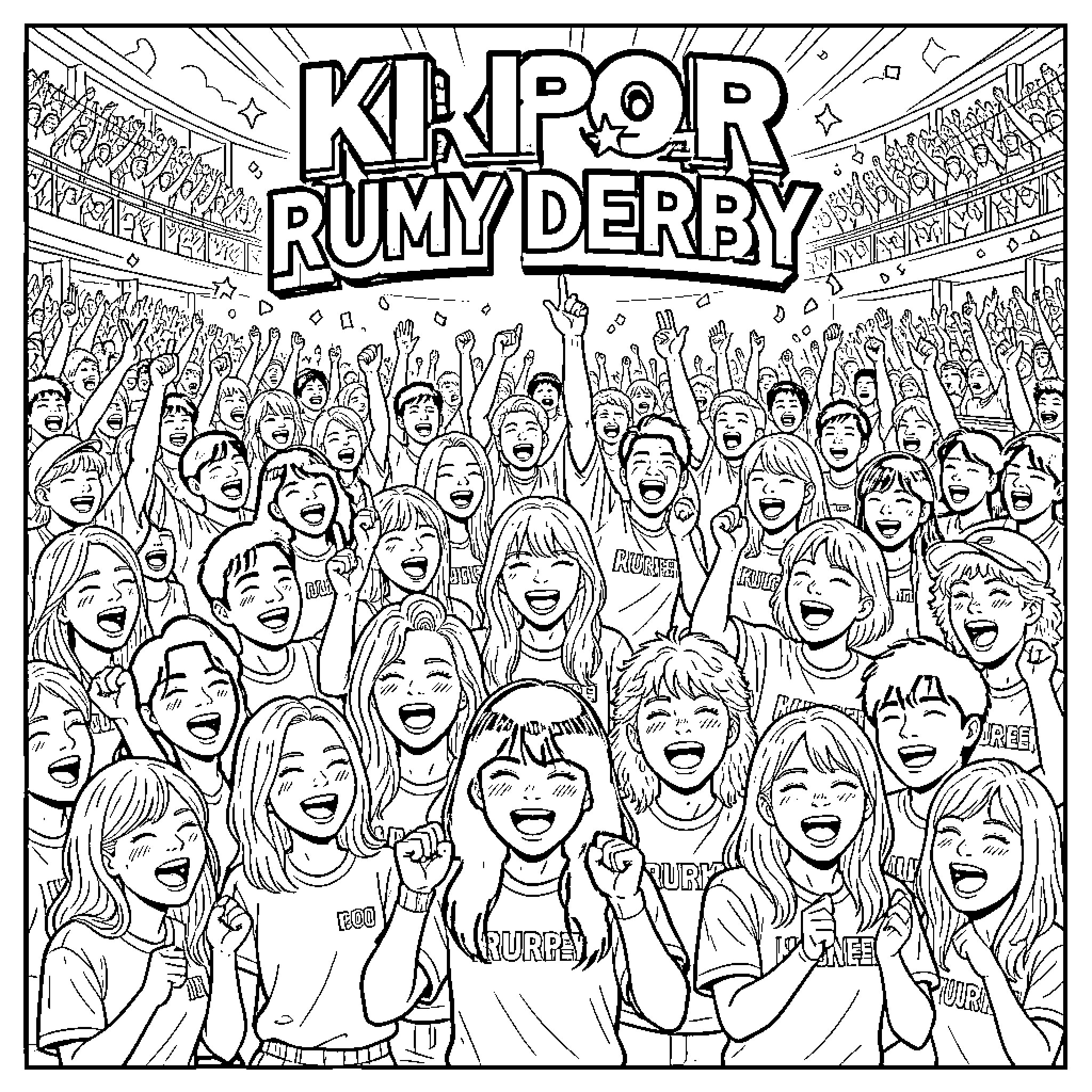 K Pop fans cheering enthusiastically at a concert Coloring Page (free black-and-white line drawing printable PDF for all, from beginners to advanced learners, including children, teens, adults, and seniors)