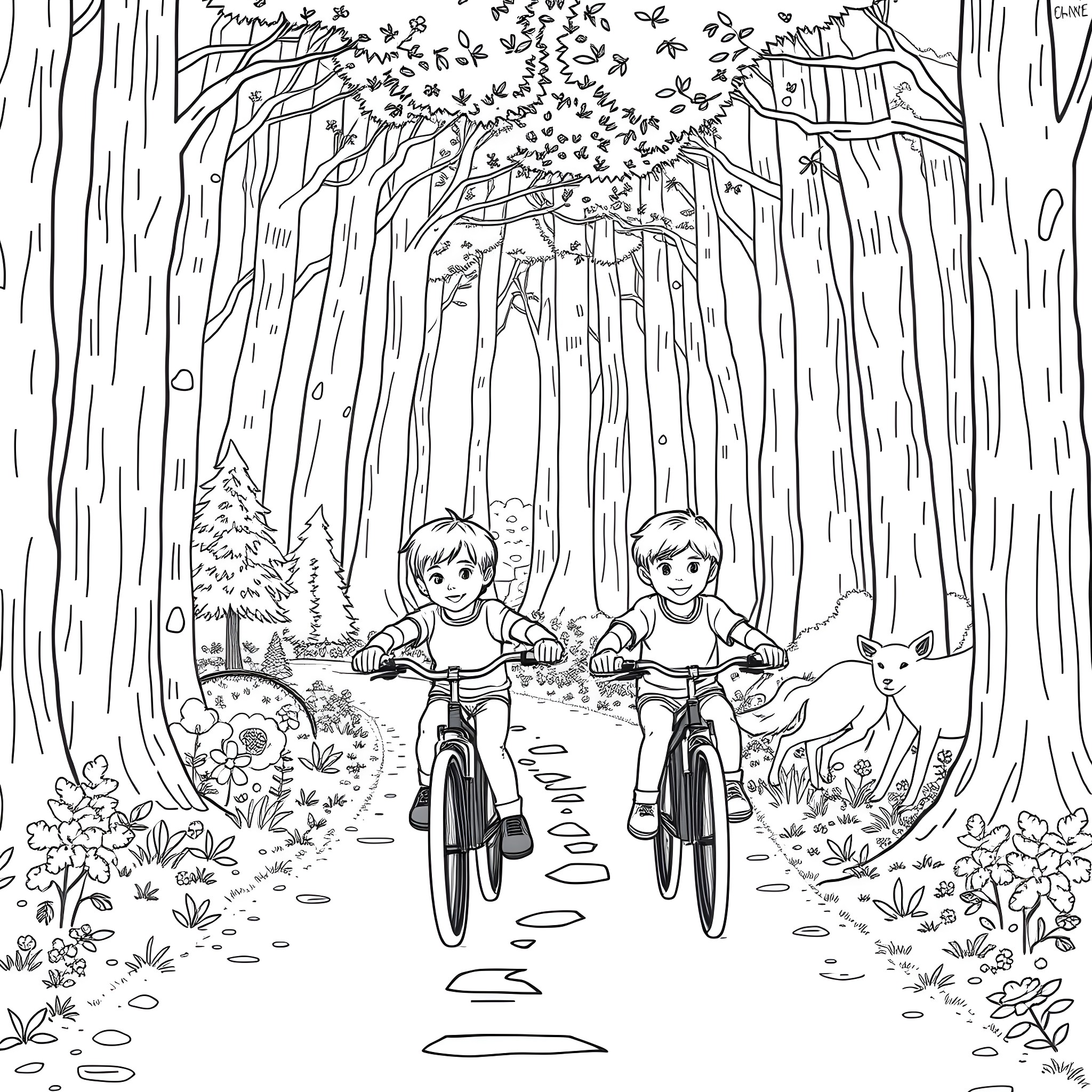 Boys exploring the enchanted forest on bicycles Coloring Page (free black-and-white line drawing printable PDF for all, from beginners to advanced learners, including children, teens, adults, and seniors)