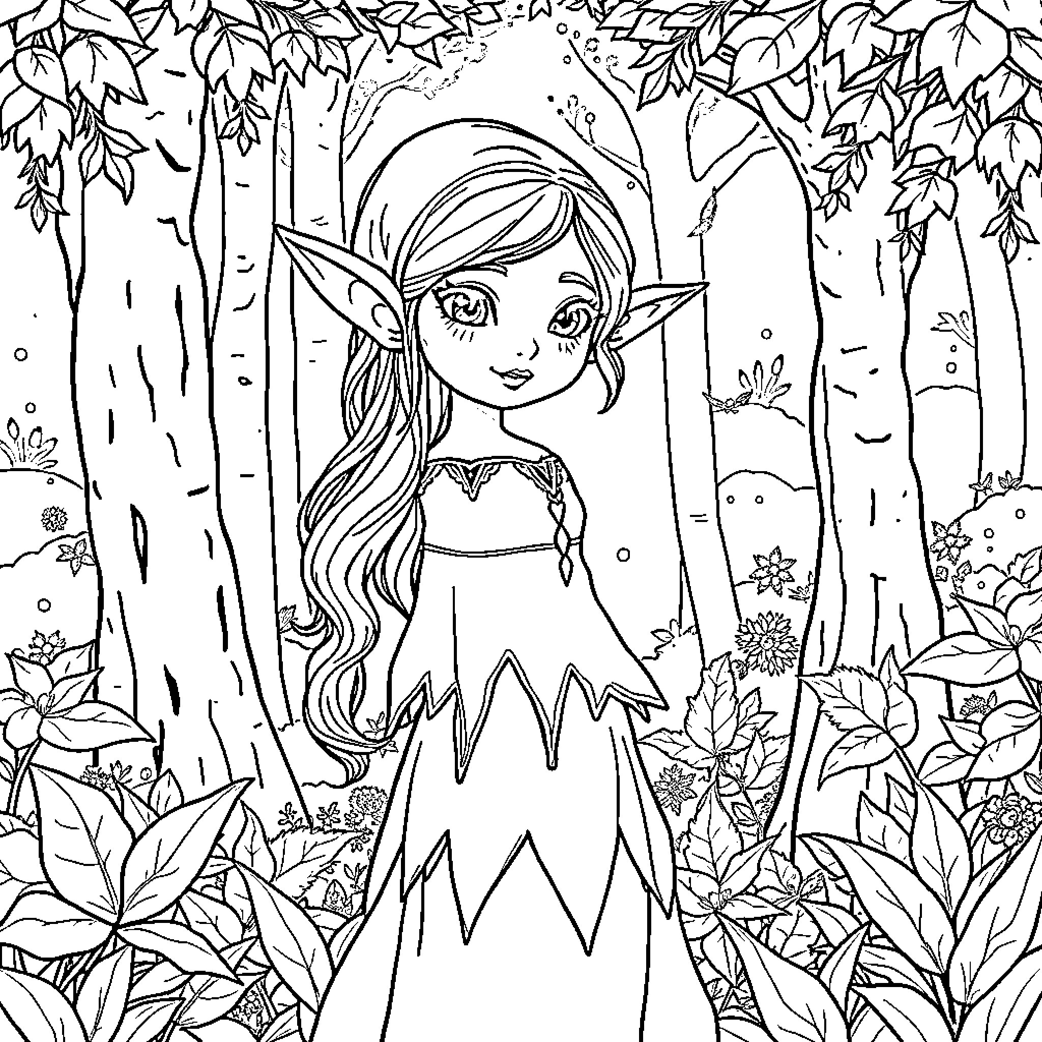Girl Elf exploring enchanted forest Coloring Page (free black-and-white line drawing printable PDF for all, from beginners to advanced learners, including children, teens, adults, and seniors)