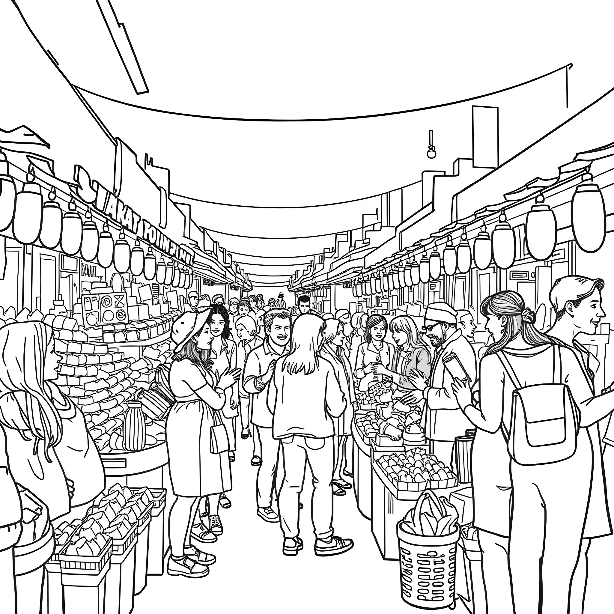 Person exploring a busy outdoor market Coloring Page (free black-and-white line drawing printable PDF for all, from beginners to advanced learners, including children, teens, adults, and seniors)