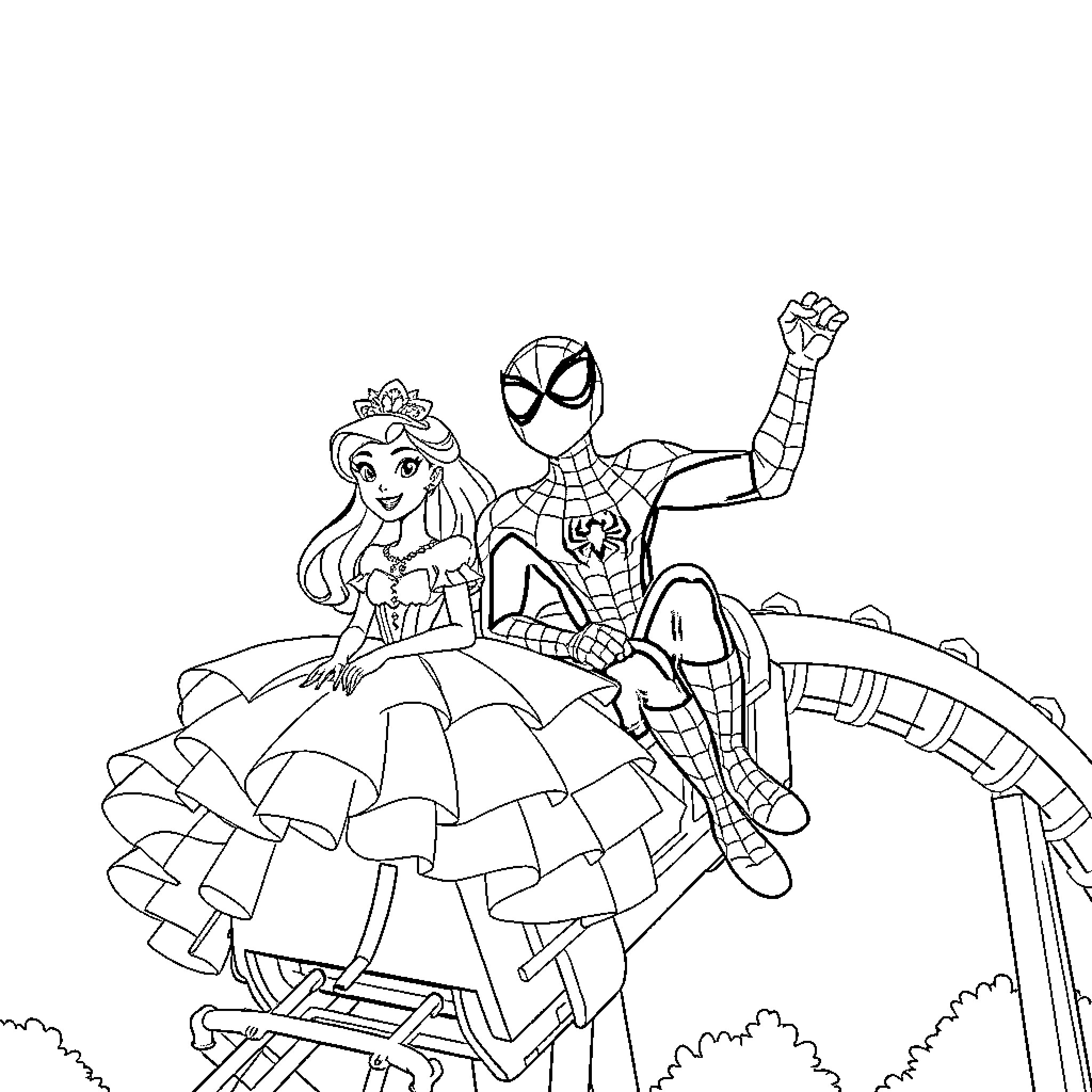 Spiderman and Princess on Amusement Park Ride Coloring Page (free black-and-white line drawing printable PDF for all, from beginners to advanced learners, including children, teens, adults, and seniors)