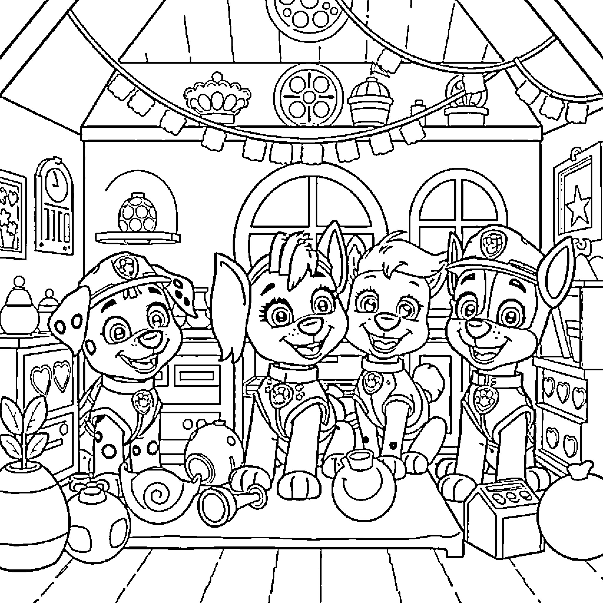 Paw Patrol Puppy Pals Celebrate at the Firehouse Coloring Page (free black-and-white line drawing printable PDF for all, from beginners to advanced learners, including children, teens, adults, and seniors)