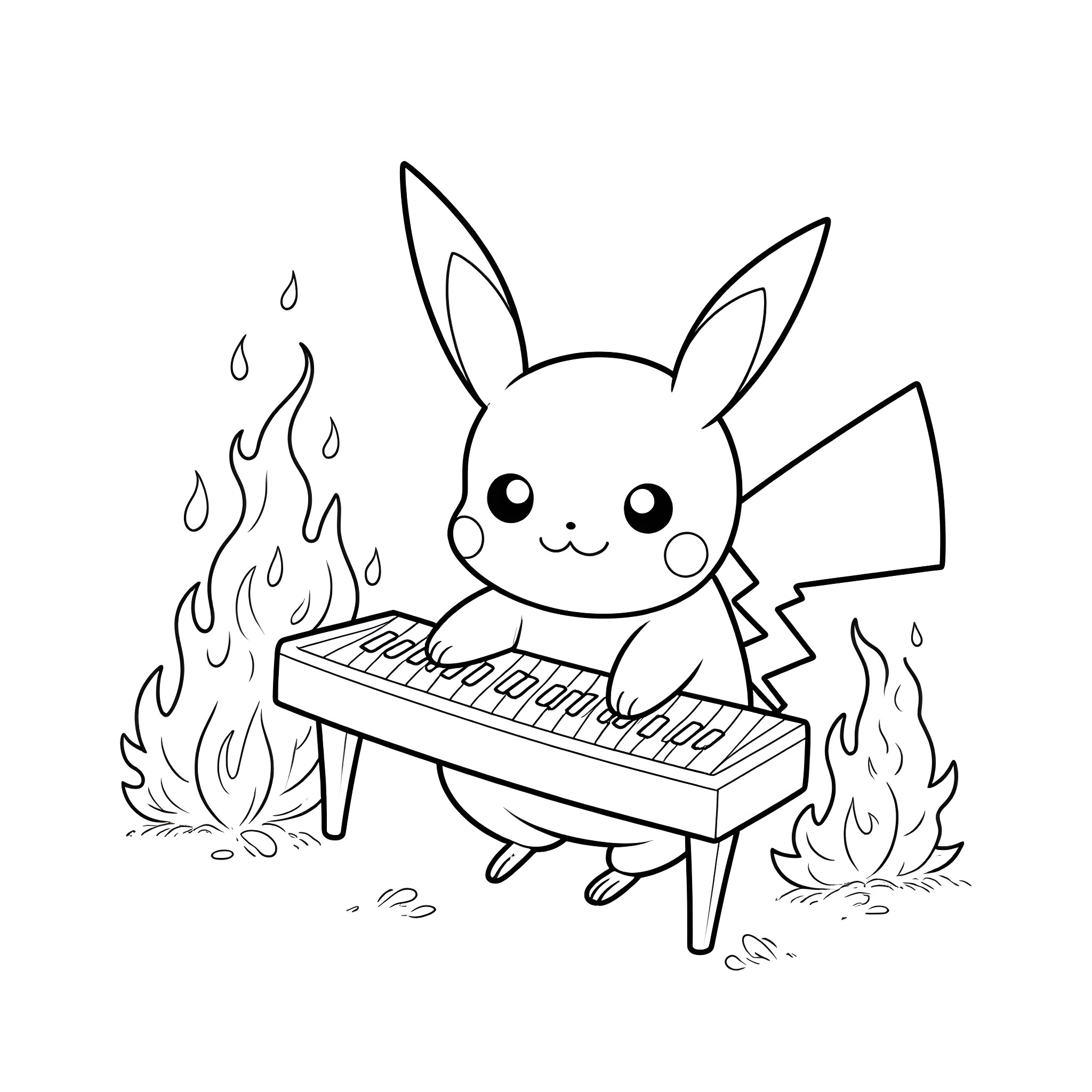 Pikachu playing keyboard amidst flames Coloring Page (free black-and-white line drawing printable PDF for all, from beginners to advanced learners, including children, teens, adults, and seniors)