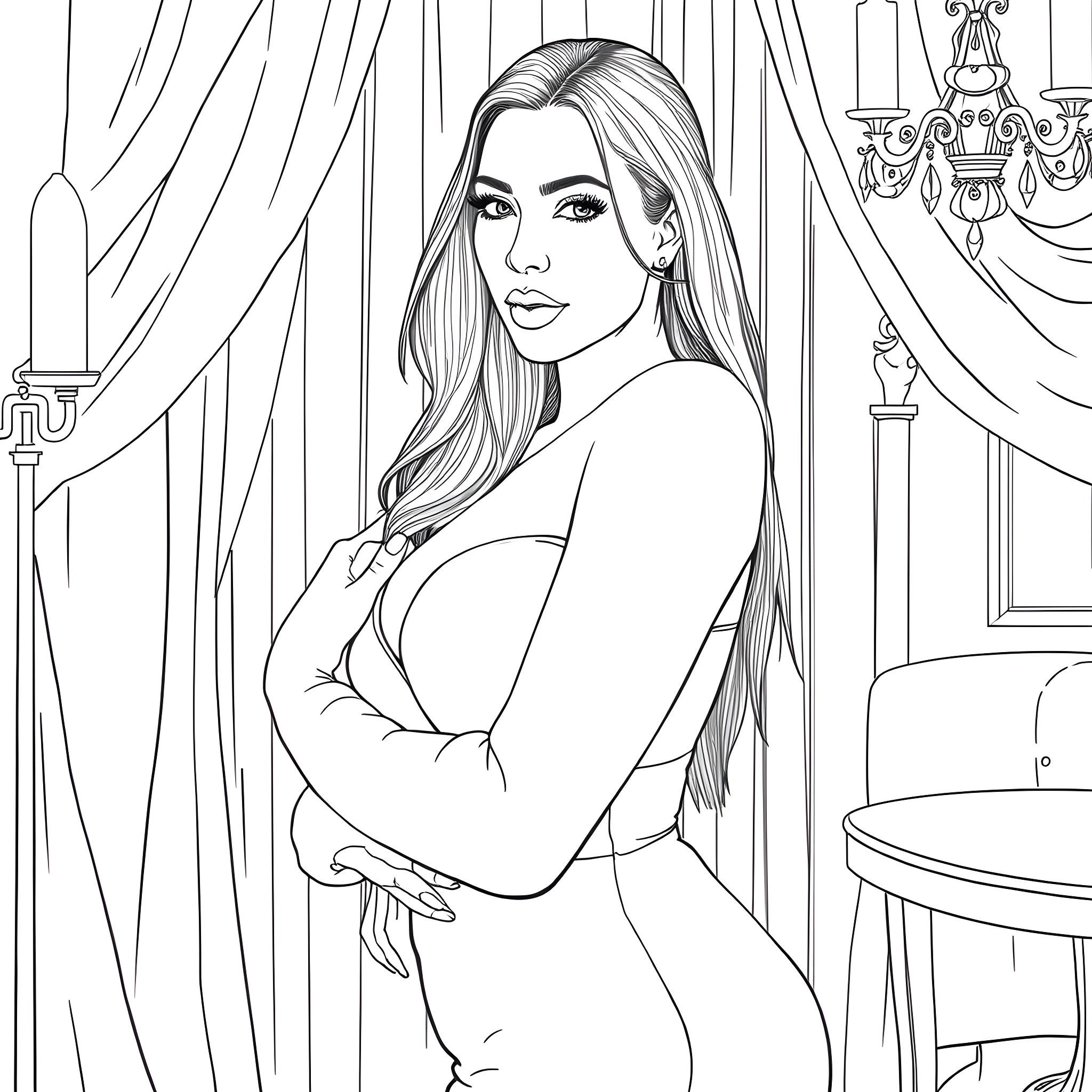 Kim Kardashian posing confidently in an elegant setting Coloring Page (free black-and-white line drawing printable PDF for all, from beginners to advanced learners, including children, teens, adults, and seniors)