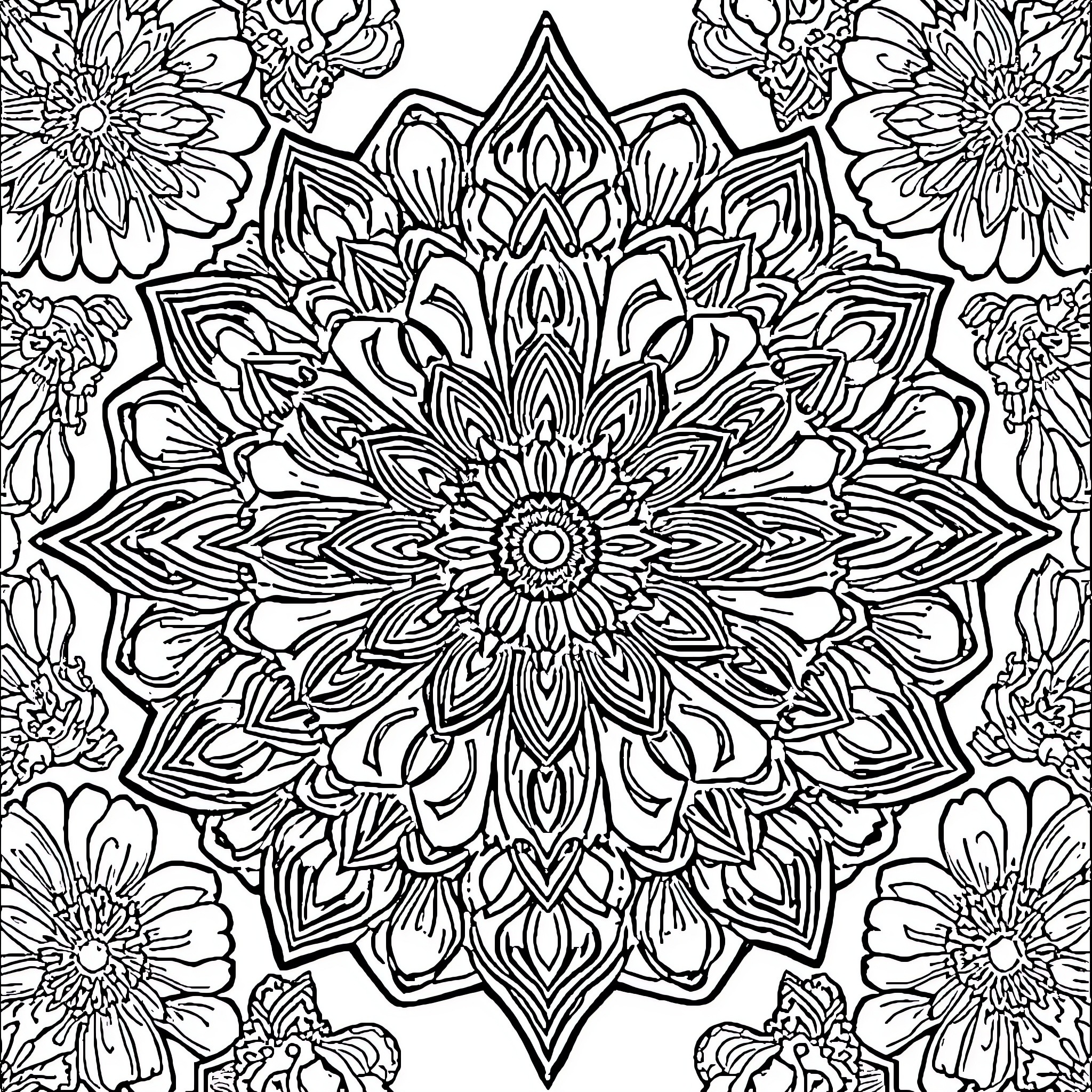 Mandalas of intricate floral designs Coloring Page (free black-and-white line drawing printable PDF for all, from beginners to advanced learners, including children, teens, adults, and seniors)