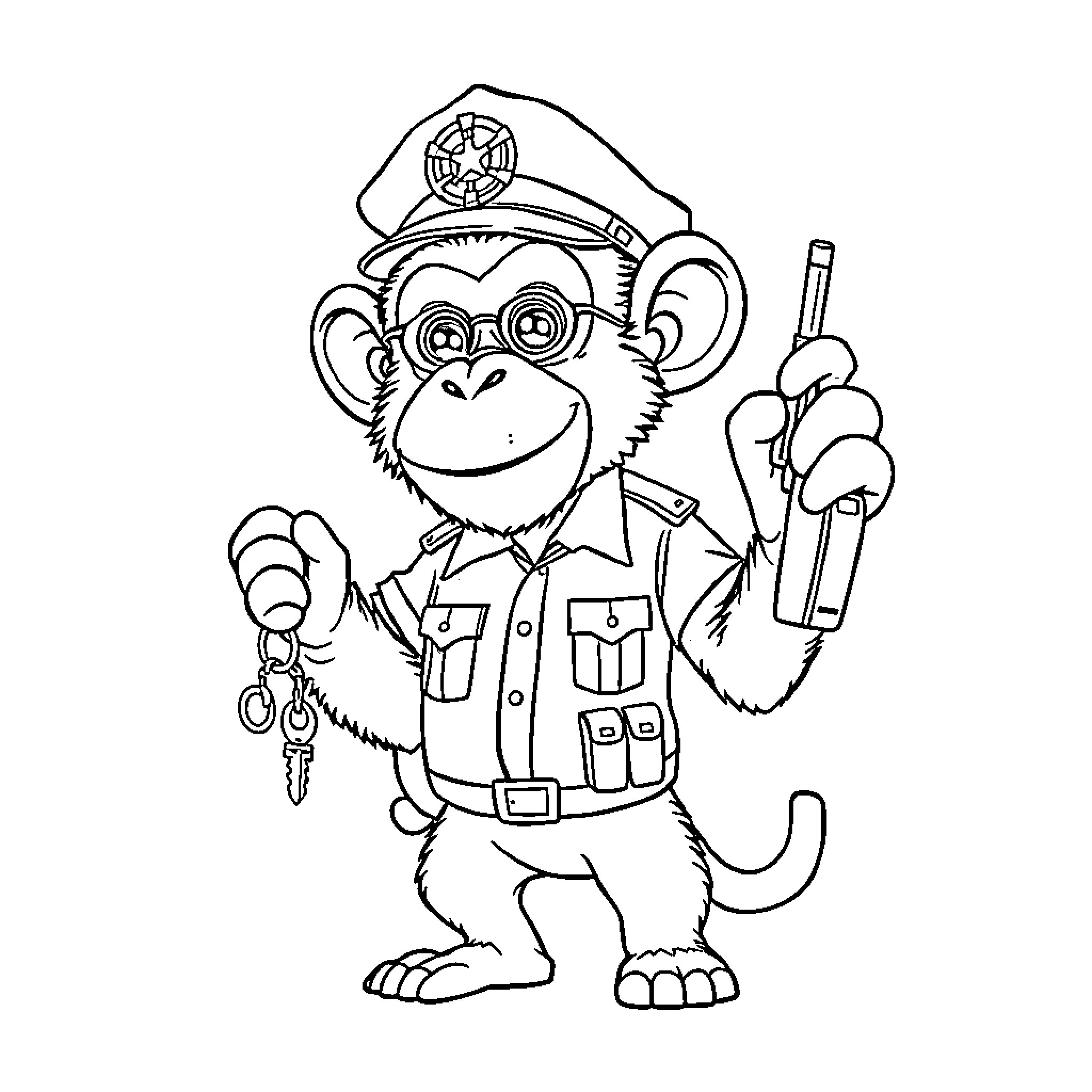Monkey police officer in uniform with equipment Coloring Page (free black-and-white line drawing printable PDF for all, from beginners to advanced learners, including children, teens, adults, and seniors)