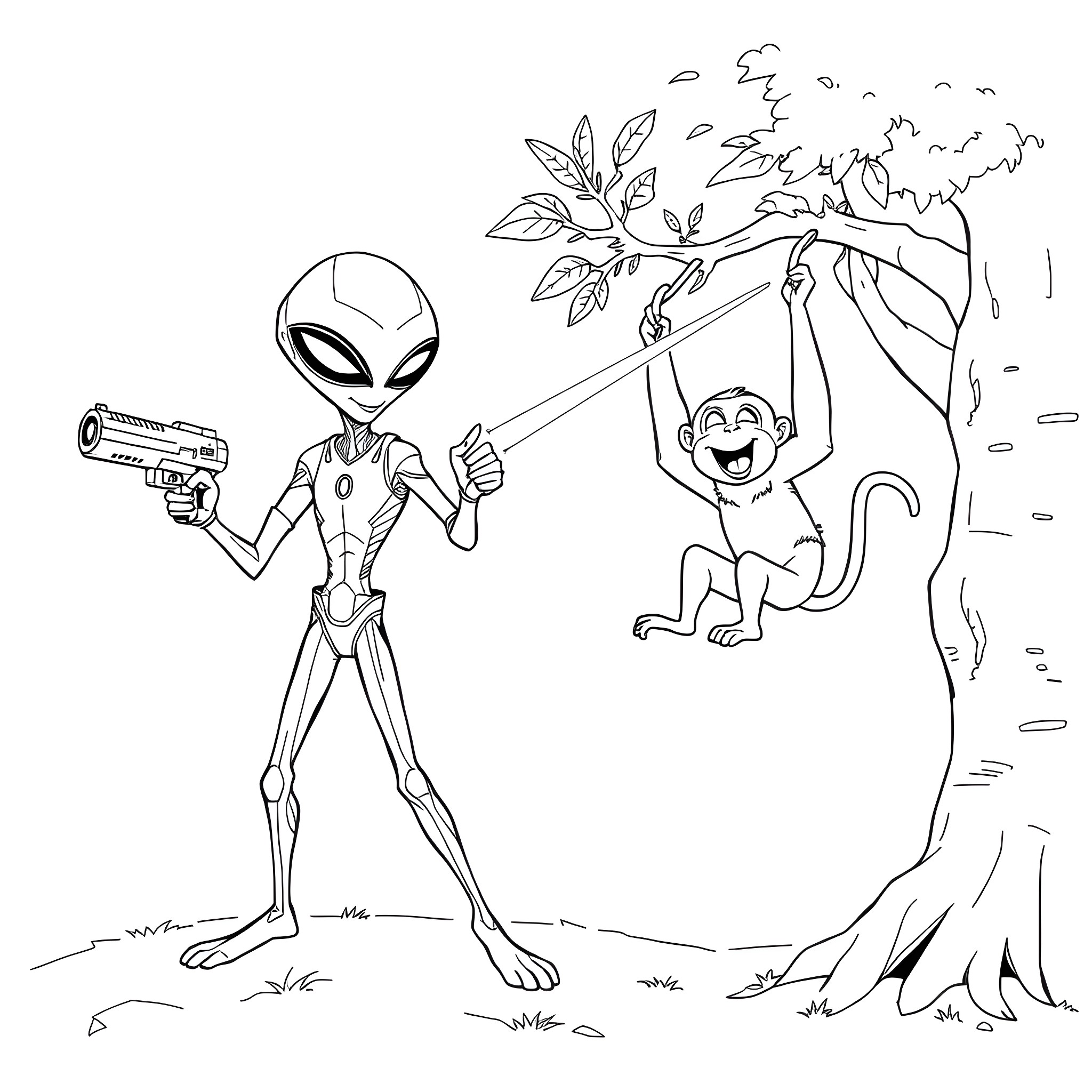 Alien adventurer encounters mischievous monkey in the jungle Coloring Page (free black-and-white line drawing printable PDF for all, from beginners to advanced learners, including children, teens, adults, and seniors)