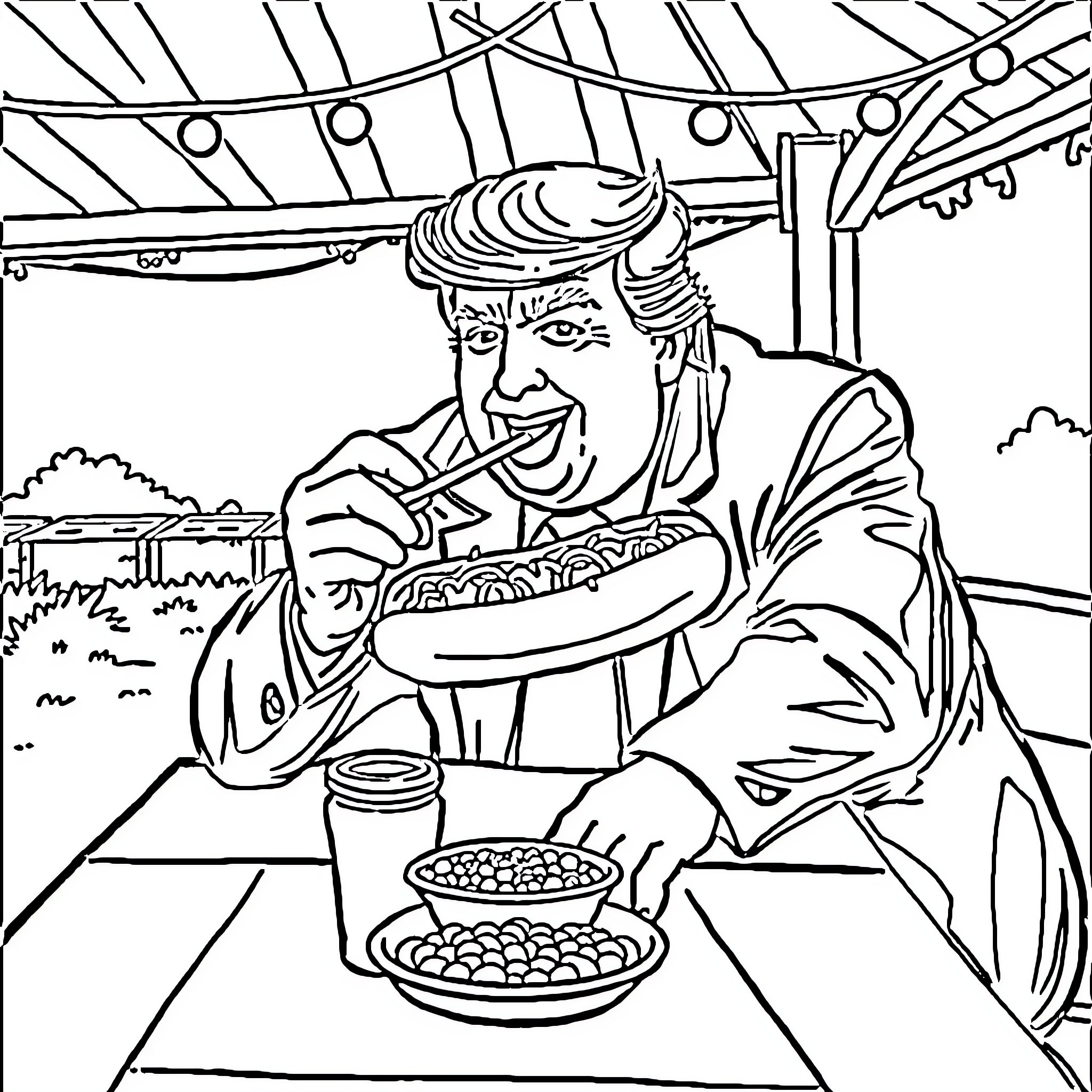 Trump enjoying a fast food meal outdoors Coloring Page (free black-and-white line drawing printable PDF for all, from beginners to advanced learners, including children, teens, adults, and seniors)