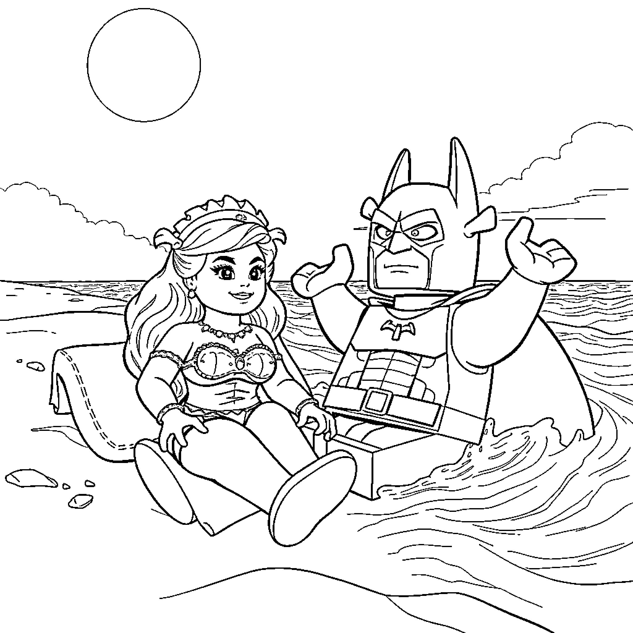 Princess and superhero relaxing on the beach Coloring Page (free black-and-white line drawing printable PDF for all, from beginners to advanced learners, including children, teens, adults, and seniors)