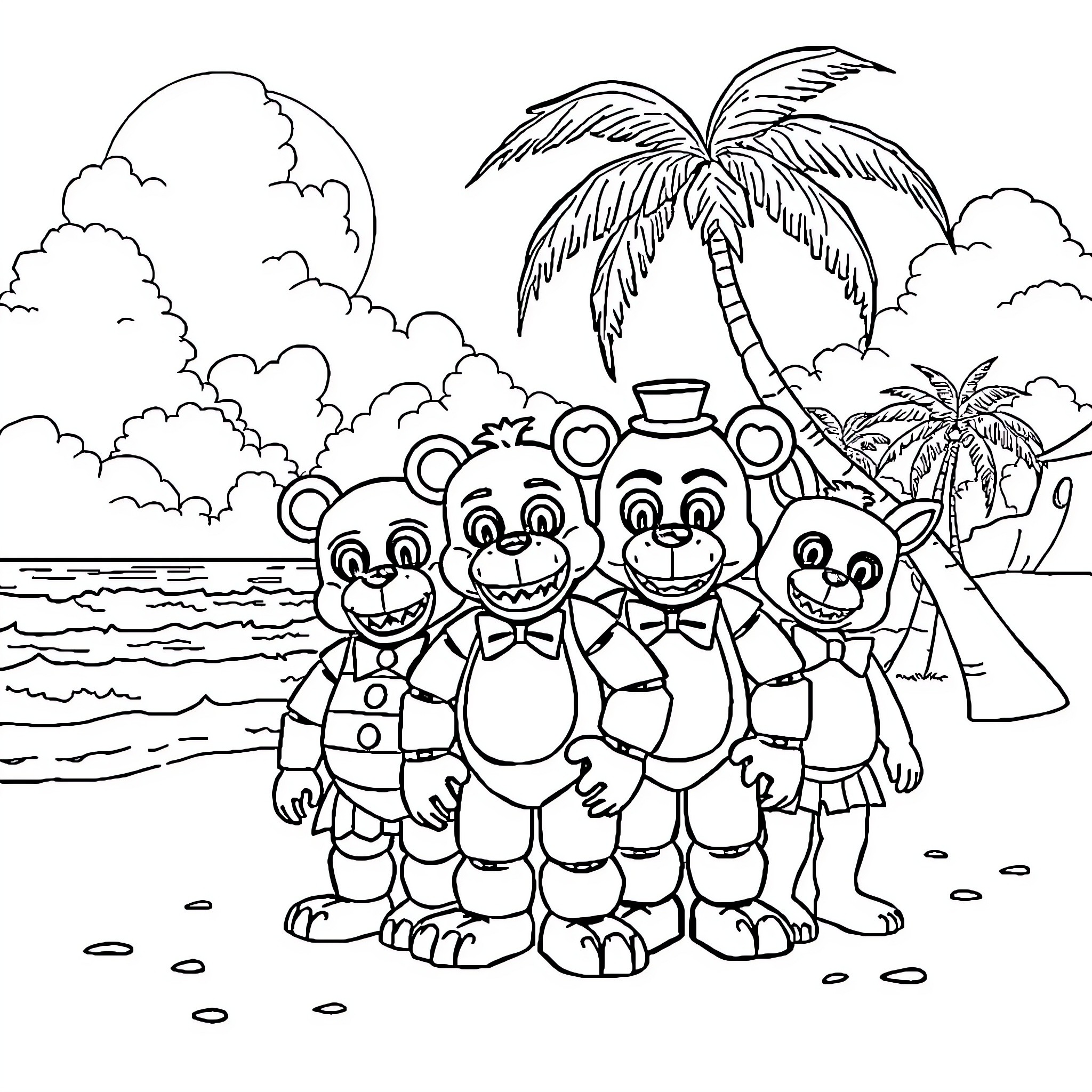 Five Nights At Freddy's Bear Characters on Tropical Beach Coloring Page (free black-and-white line drawing printable PDF for all, from beginners to advanced learners, including children, teens, adults, and seniors)