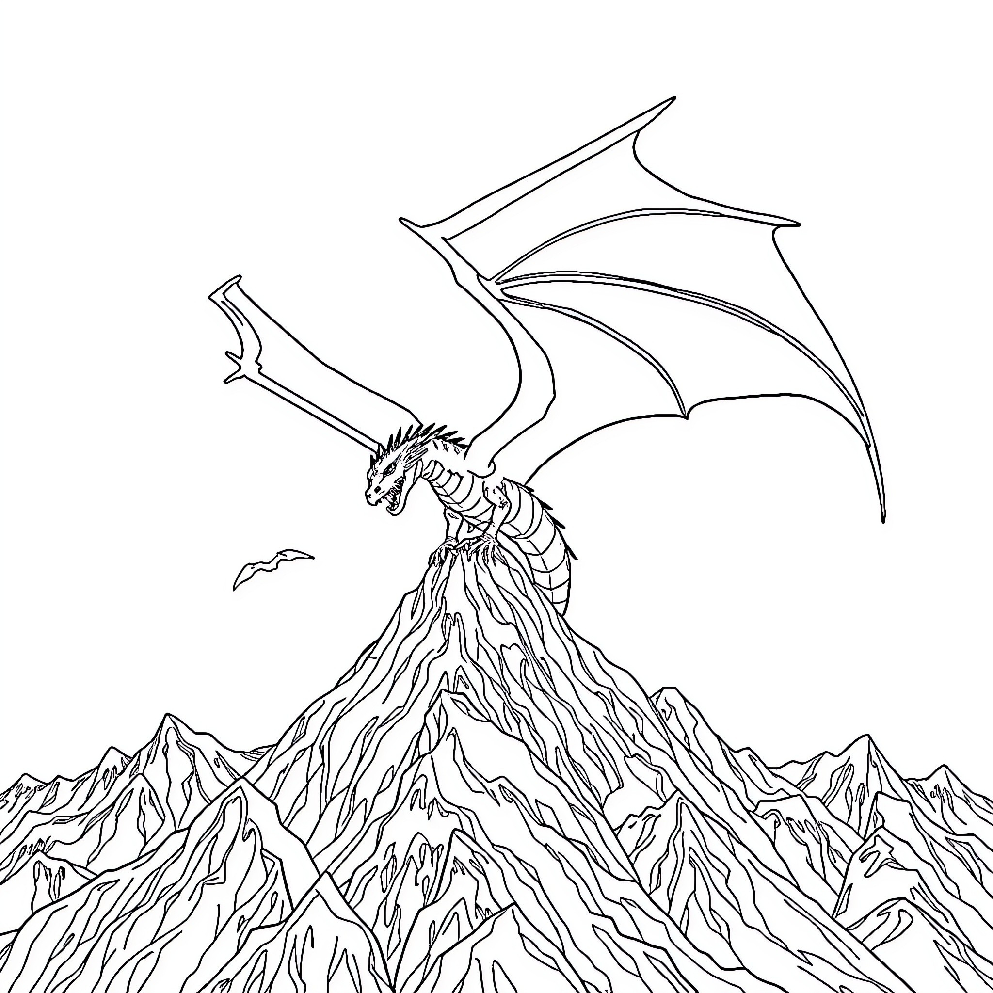 Dragon Soaring Over Rugged Mountain Peaks Coloring Page (free black-and-white line drawing printable PDF for all, from beginners to advanced learners, including children, teens, adults, and seniors)