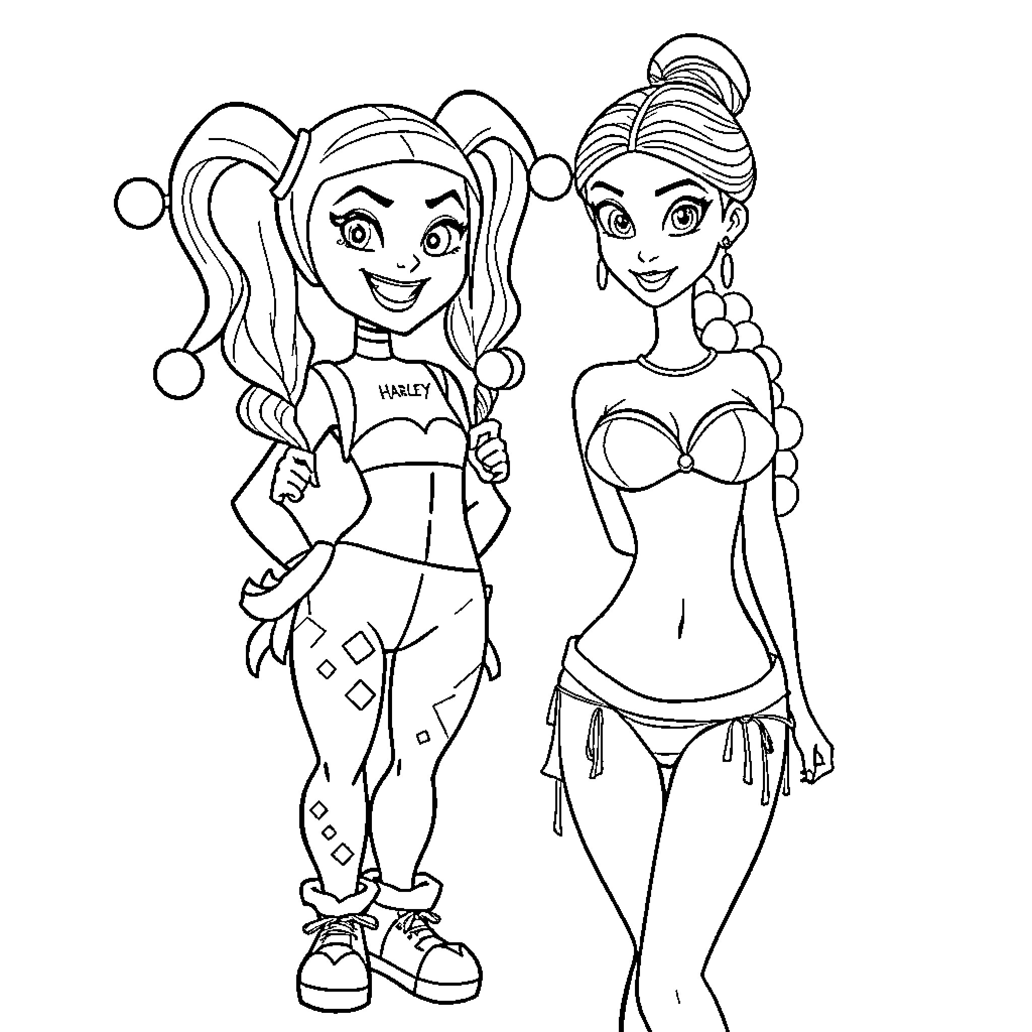 Harley Quinn and her companion in playful poses Coloring Page (free black-and-white line drawing printable PDF for all, from beginners to advanced learners, including children, teens, adults, and seniors)