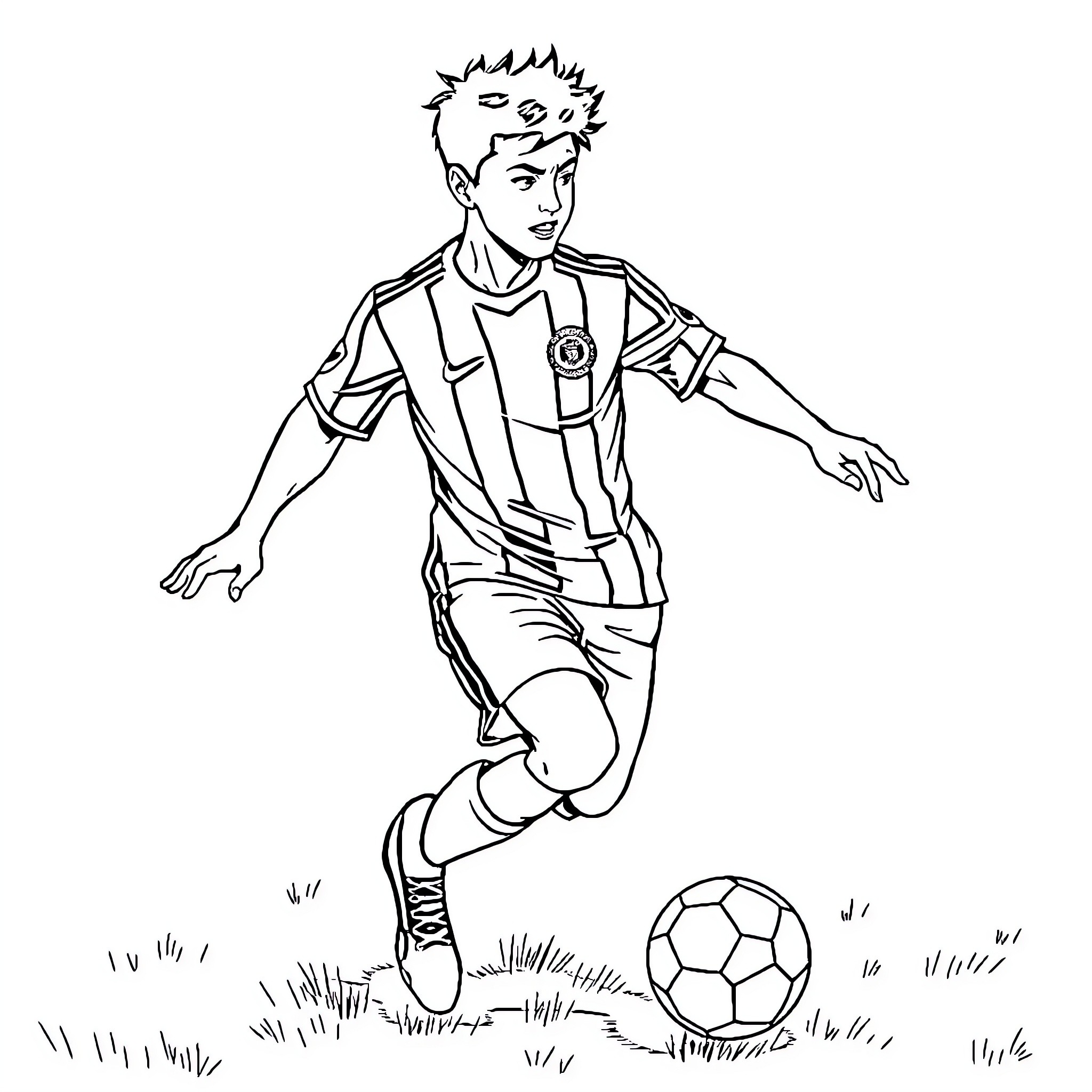 Tsubasa playing soccer on the field Coloring Page (free black-and-white line drawing printable PDF for all, from beginners to advanced learners, including children, teens, adults, and seniors)