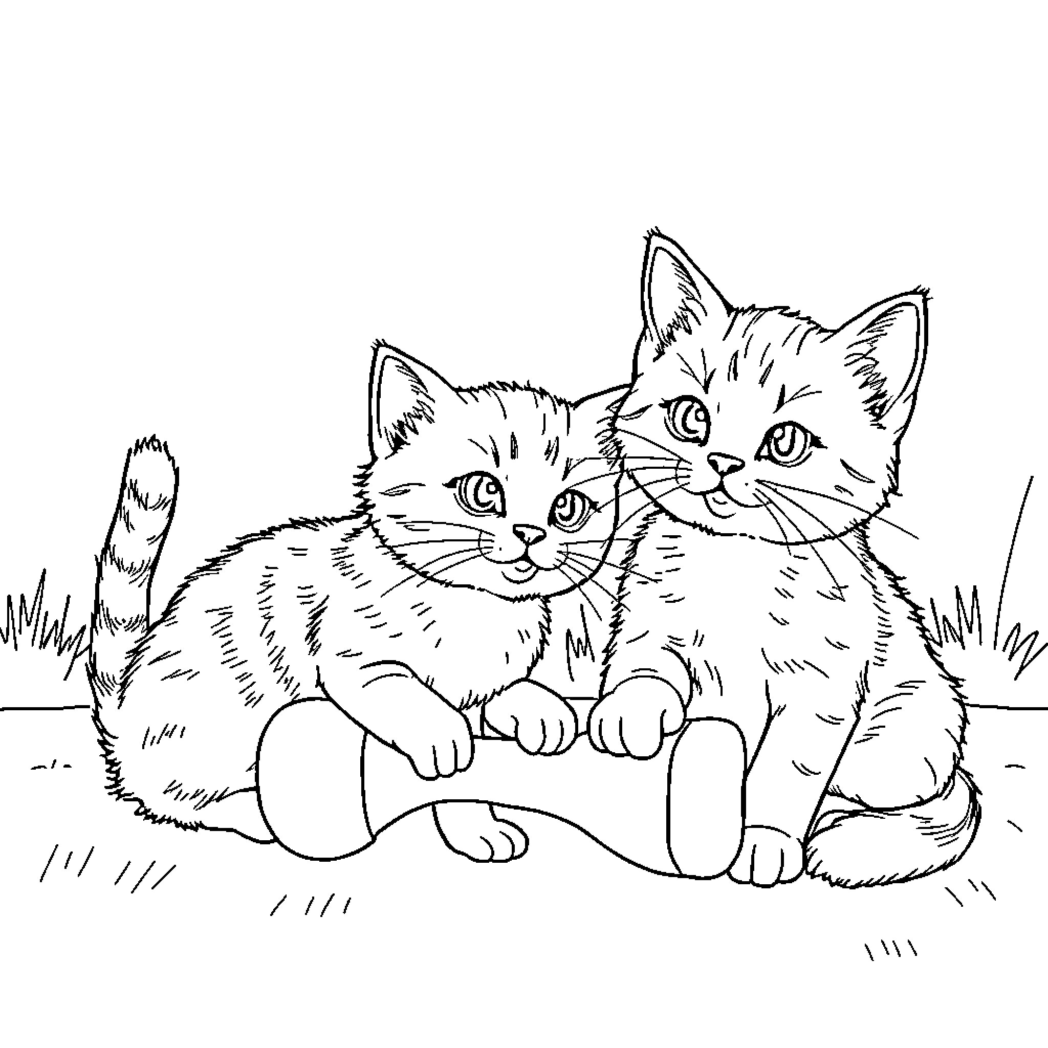 Katze: Playful Kittens Resting in Grass Coloring Page (free black-and-white line drawing printable PDF for all, from beginners to advanced learners, including children, teens, adults, and seniors)