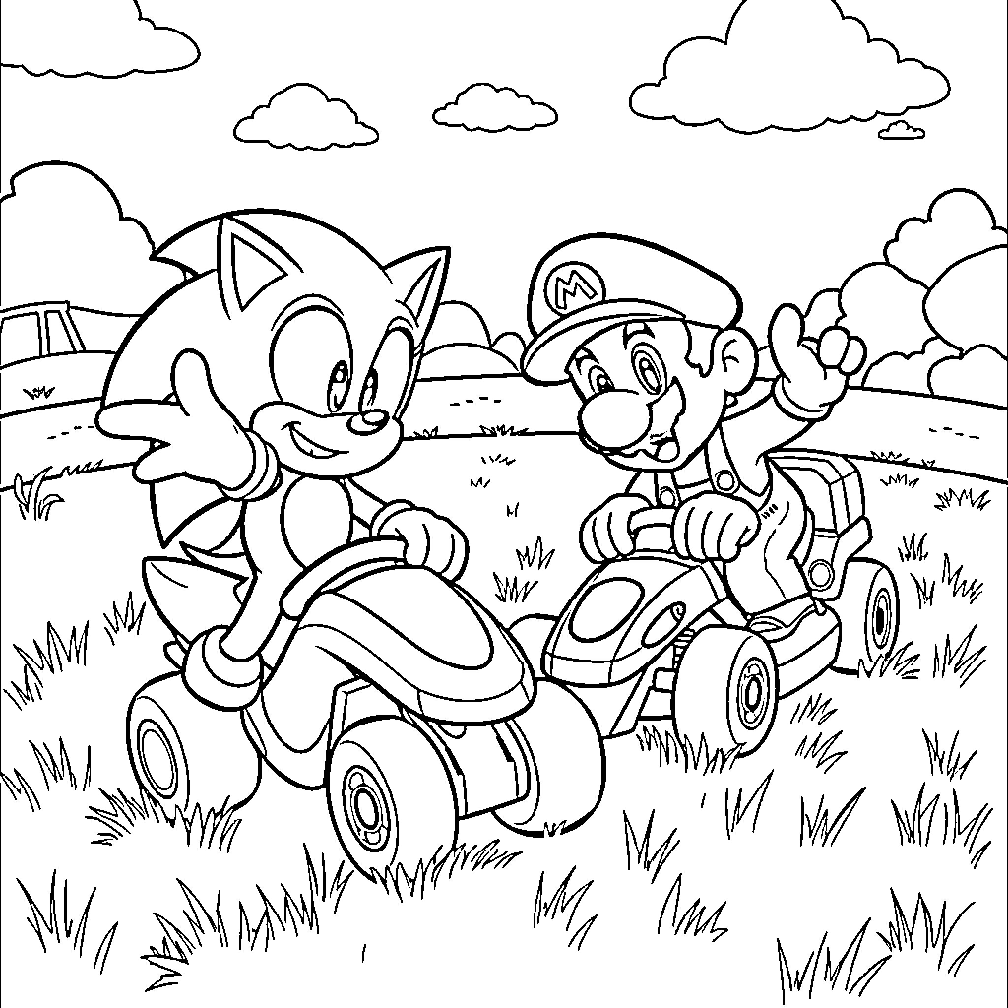 Sonic and Mario racing through the countryside Coloring Page (free black-and-white line drawing printable PDF for all, from beginners to advanced learners, including children, teens, adults, and seniors)