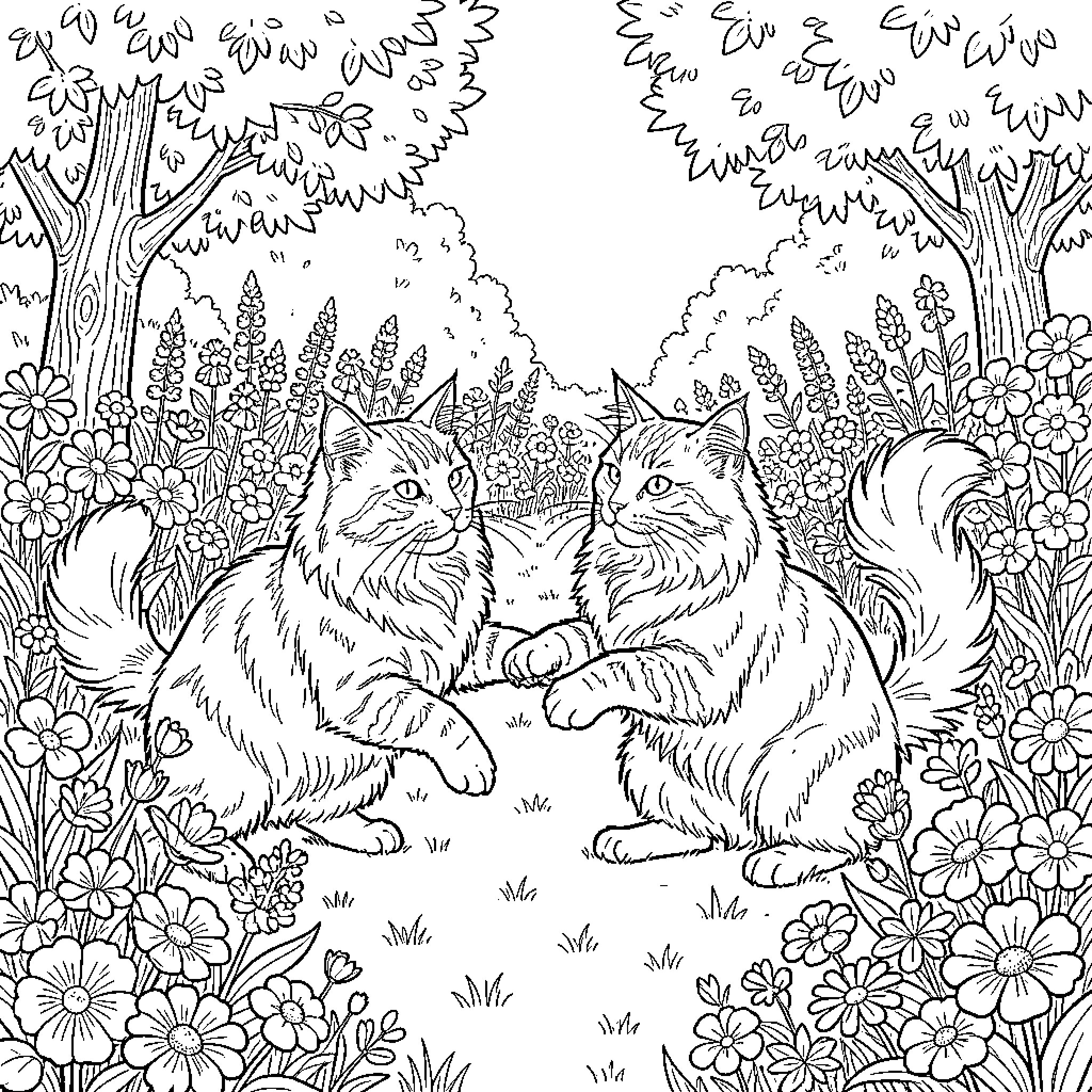 Maine Coon Cats Exploring the Lush Garden Coloring Page (free black-and-white line drawing printable PDF for all, from beginners to advanced learners, including children, teens, adults, and seniors)