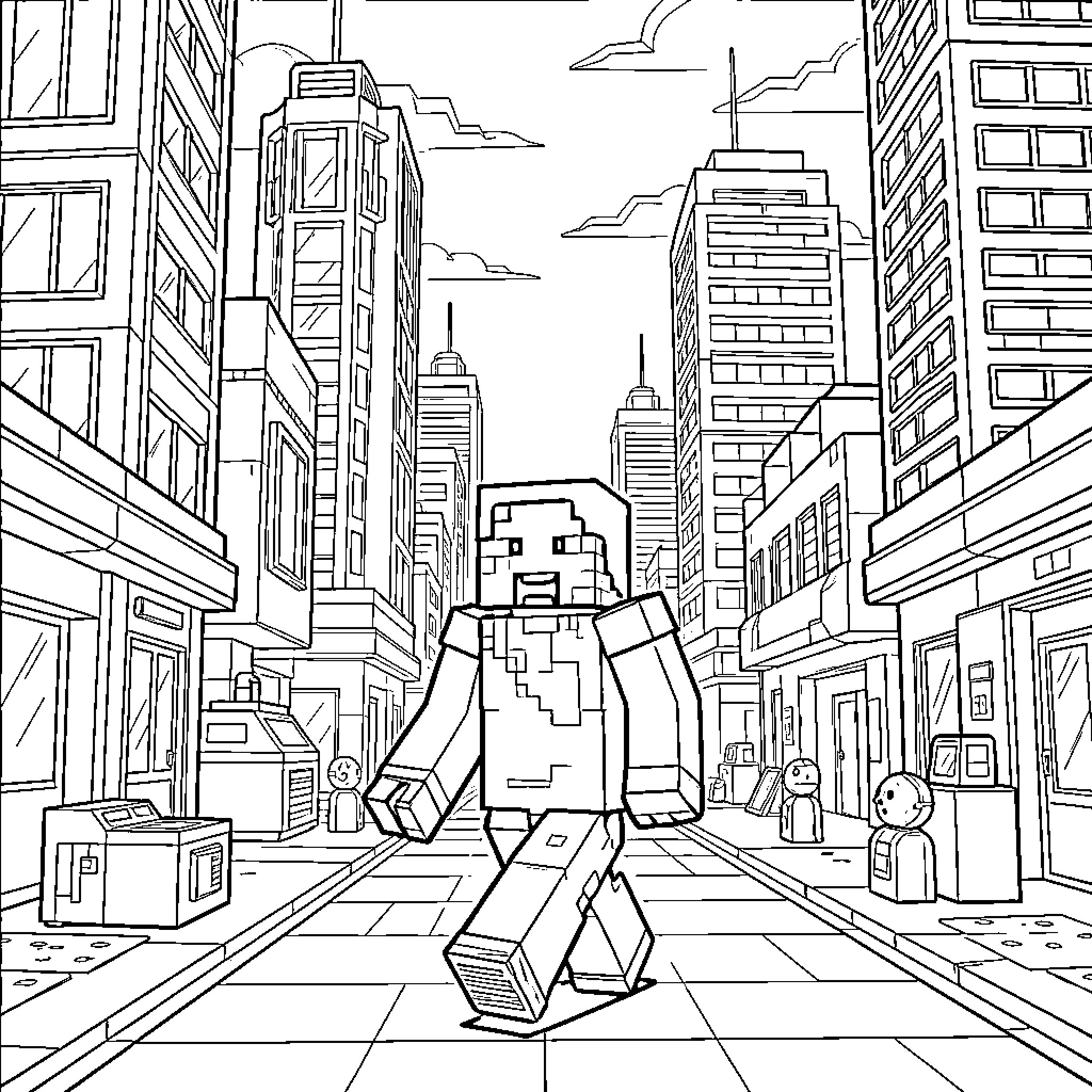Minecraft Character walking through a busy city street Coloring Page (free black-and-white line drawing printable PDF for all, from beginners to advanced learners, including children, teens, adults, and seniors)